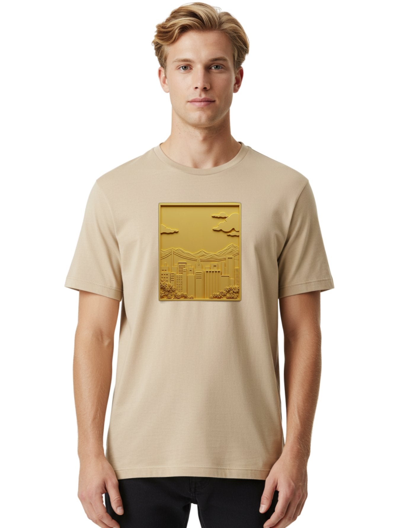 Cityscape Men'S Graphic Tee, 100% Cotton, Comfortable Casual Summer Wear, Machine Washable, Cityscape, Urban Landscape, Modern Architecture, Skyscrapers, Mountains, Clouds, 3D Artwork, Decorative Panel, Gold Tone, City View, Bab760 19