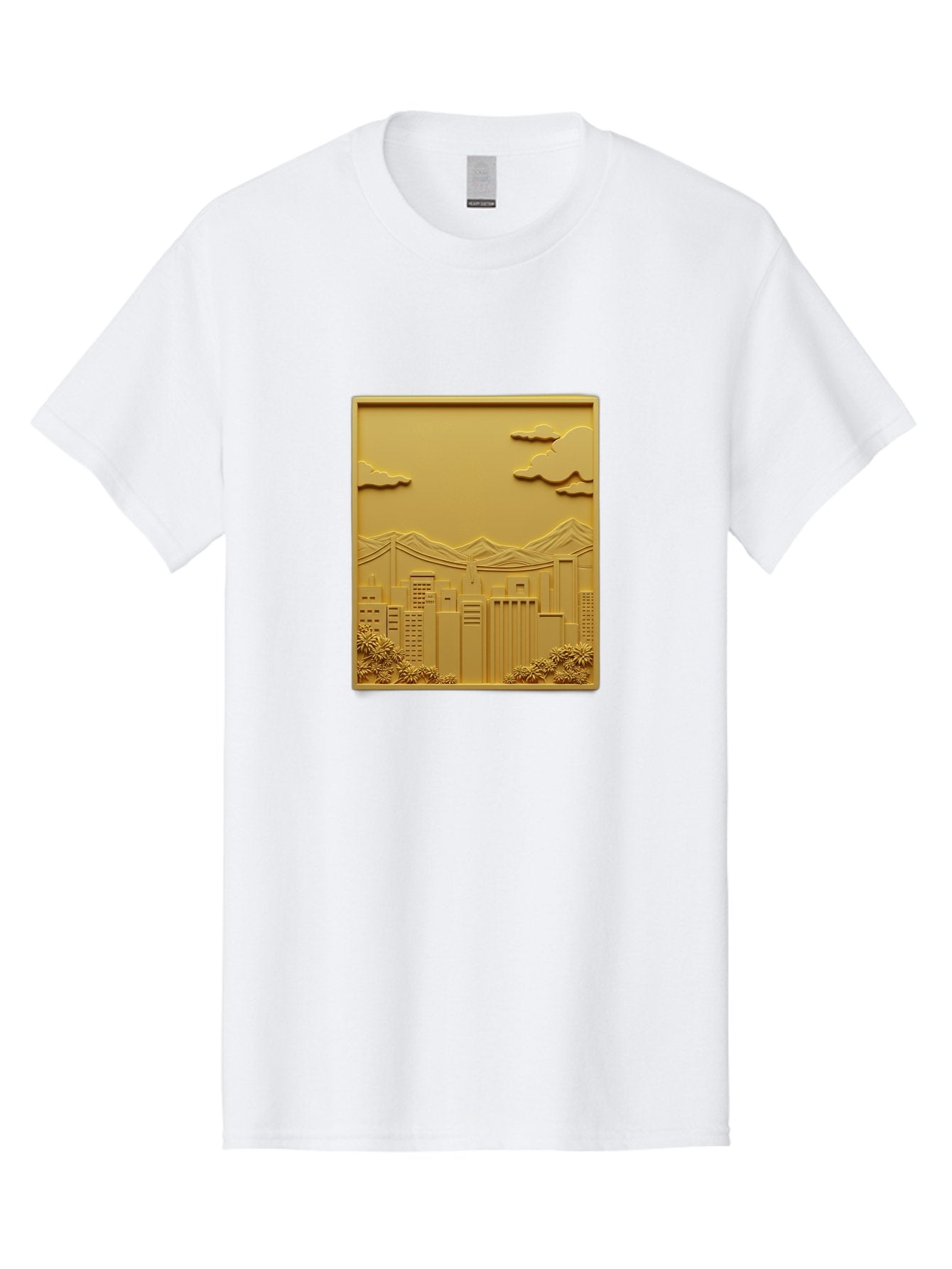 Cityscape Men'S Graphic Tee, 100% Cotton, Comfortable Casual Summer Wear, Machine Washable, Cityscape, Urban Landscape, Modern Architecture, Skyscrapers, Mountains, Clouds, 3D Artwork, Decorative Panel, Gold Tone, City View, Bab760 14