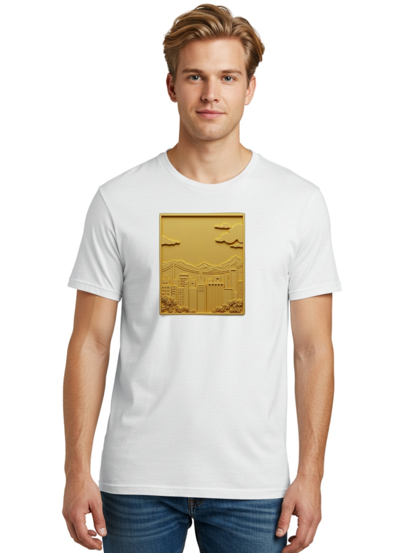 Cityscape Men'S Graphic Tee, 100% Cotton, Comfortable Casual Summer Wear, Machine Washable, Cityscape, Urban Landscape, Modern Architecture, Skyscrapers, Mountains, Clouds, 3D Artwork, Decorative Panel, Gold Tone, City View, Bab760 29
