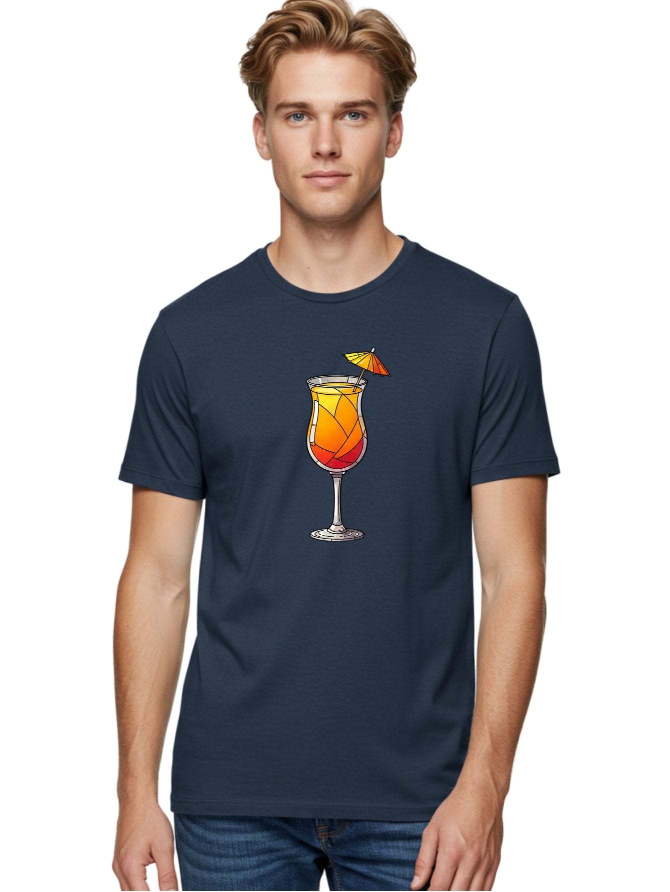 Cocktail-1 Men'S Graphic Tee, 100% Cotton, Comfortable Casual Summer Wear, Machine Washable, Tequila Sunrise Cocktail, Layered Drink, Orange And Red Hues, Umbrella Decoration, Stained Glass Effect, Glassware, Refreshing Beverages, Bab761 26