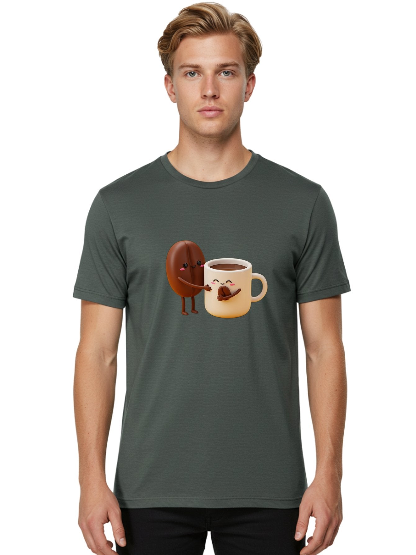 Coffee-Bean-And-Coffee-Mug Men'S Graphic Tee, 100% Cotton, Comfortable Casual Summer Wear, Machine Washable, Cartoon Coffee Bean, Anthropomorphic Coffee Mug, Cute Illustration, Digital Art, Coffee Culture, Humorous Design, Cartoon Characters, Bab770 19