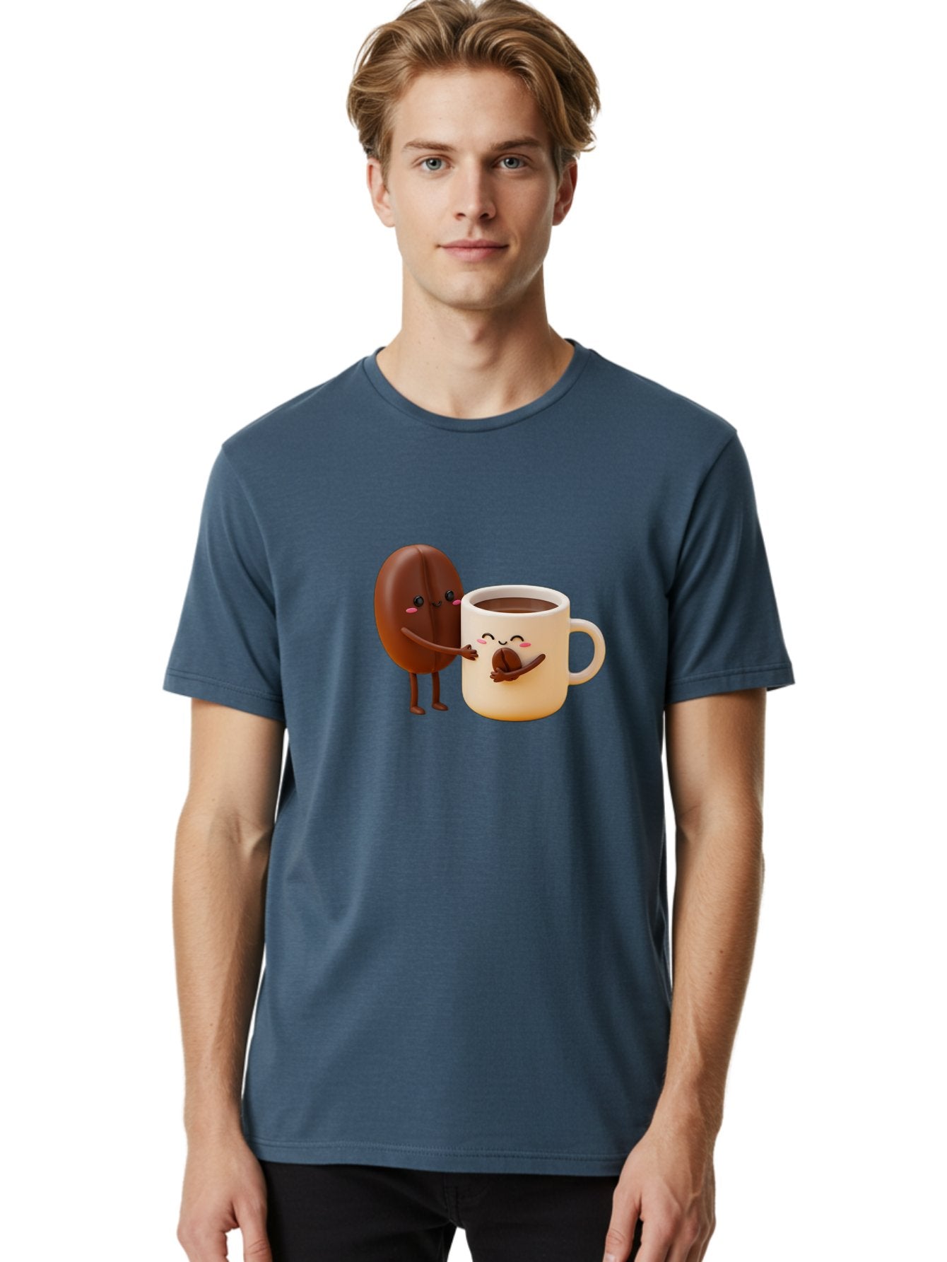 Coffee-Bean-And-Coffee-Mug Men'S Graphic Tee, 100% Cotton, Comfortable Casual Summer Wear, Machine Washable, Cartoon Coffee Bean, Anthropomorphic Coffee Mug, Cute Illustration, Digital Art, Coffee Culture, Humorous Design, Cartoon Characters, Bab770 20