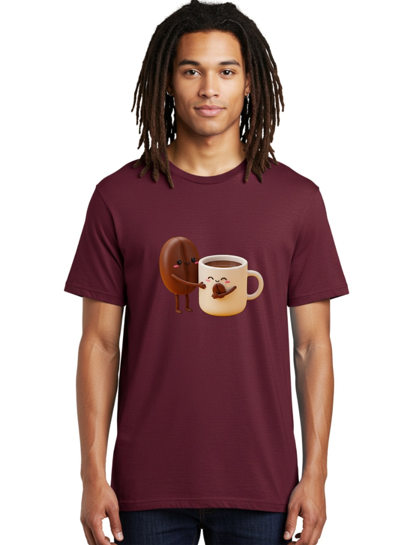 Coffee-Bean-And-Coffee-Mug Men'S Graphic Tee, 100% Cotton, Comfortable Casual Summer Wear, Machine Washable, Cartoon Coffee Bean, Anthropomorphic Coffee Mug, Cute Illustration, Digital Art, Coffee Culture, Humorous Design, Cartoon Characters, Bab770 25