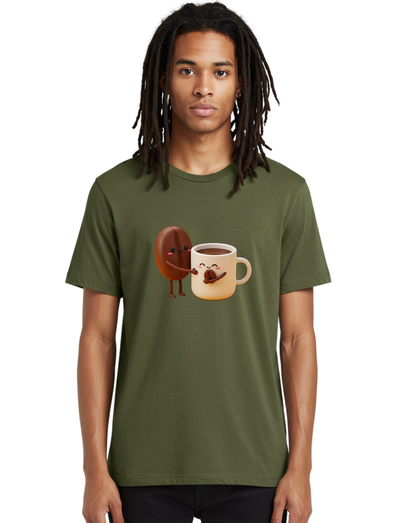 Coffee-Bean-And-Coffee-Mug Men'S Graphic Tee, 100% Cotton, Comfortable Casual Summer Wear, Machine Washable, Cartoon Coffee Bean, Anthropomorphic Coffee Mug, Cute Illustration, Digital Art, Coffee Culture, Humorous Design, Cartoon Characters, Bab770 22