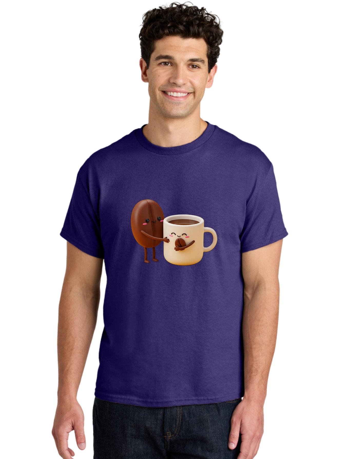 Coffee-Bean-And-Coffee-Mug Men'S Graphic Tee, 100% Cotton, Comfortable Casual Summer Wear, Machine Washable, Cartoon Coffee Bean, Anthropomorphic Coffee Mug, Cute Illustration, Digital Art, Coffee Culture, Humorous Design, Cartoon Characters, Bab770 21
