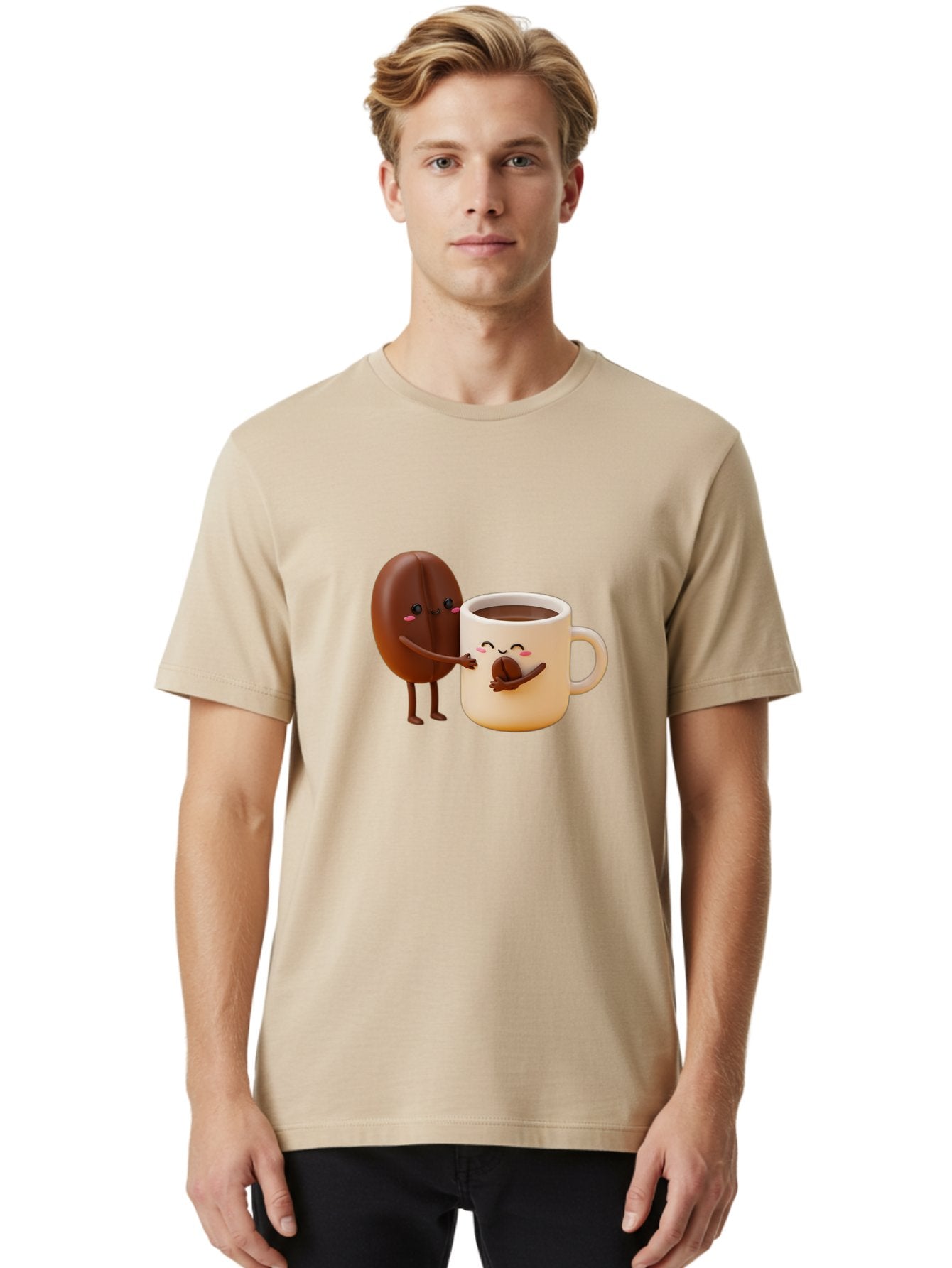 Coffee-Bean-And-Coffee-Mug Men'S Graphic Tee, 100% Cotton, Comfortable Casual Summer Wear, Machine Washable, Cartoon Coffee Bean, Anthropomorphic Coffee Mug, Cute Illustration, Digital Art, Coffee Culture, Humorous Design, Cartoon Characters, Bab770 17