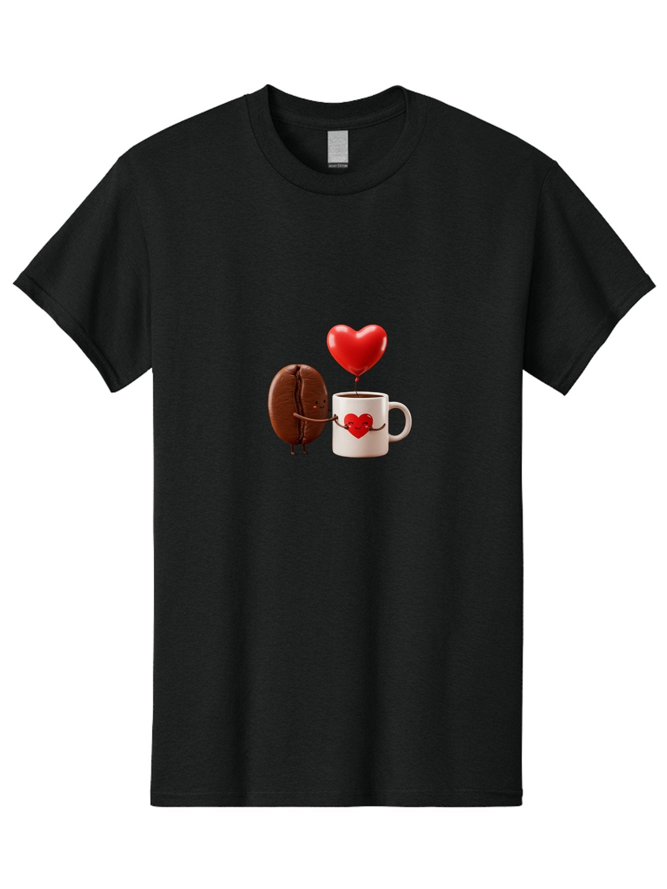 Coffee-Bean-And-Heart Men'S Graphic Tee, 100% Cotton, Comfortable Casual Summer Wear, Machine Washable, Cartoon Coffee Bean, Smiling Coffee Mug, Red Heart Balloon, Love Coffee, Adorable Characters, Coffee Lovers, Cute Illustration, Bab771