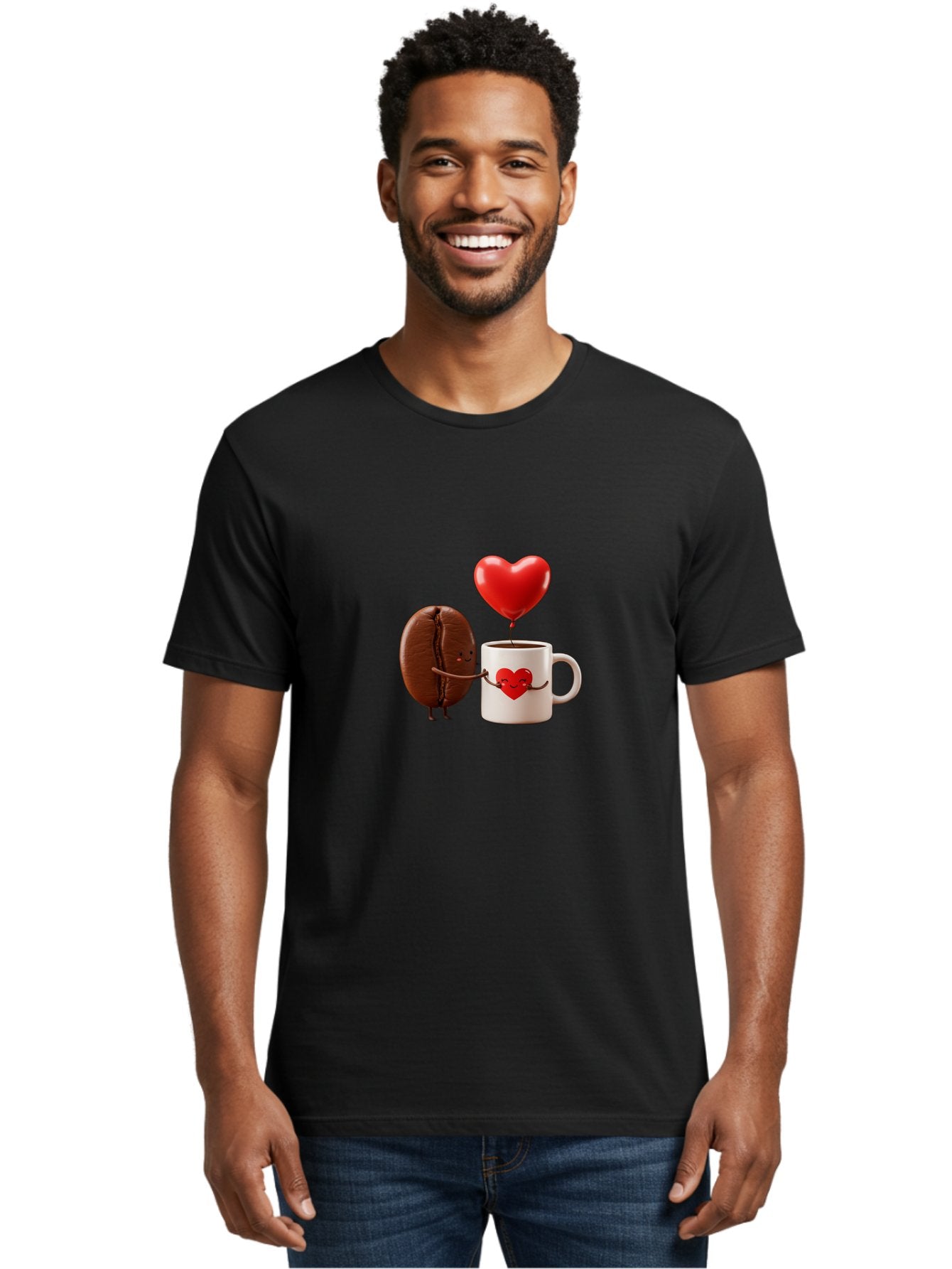 Coffee-Bean-And-Heart Men'S Graphic Tee, 100% Cotton, Comfortable Casual Summer Wear, Machine Washable, Cartoon Coffee Bean, Smiling Coffee Mug, Red Heart Balloon, Love Coffee, Adorable Characters, Coffee Lovers, Cute Illustration, Bab771 21
