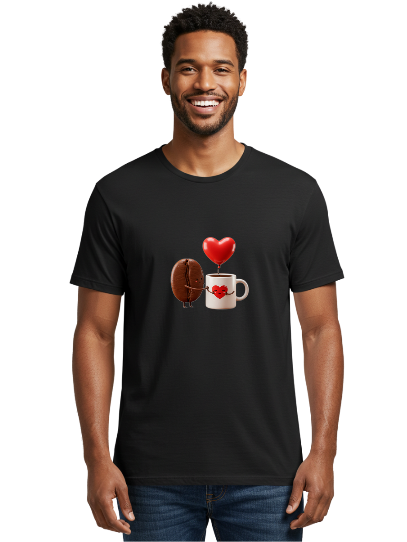 Coffee-Bean-And-Heart Men'S Graphic Tee, 100% Cotton, Comfortable Casual Summer Wear, Machine Washable, Cartoon Coffee Bean, Smiling Coffee Mug, Red Heart Balloon, Love Coffee, Adorable Characters, Coffee Lovers, Cute Illustration, Bab771 25