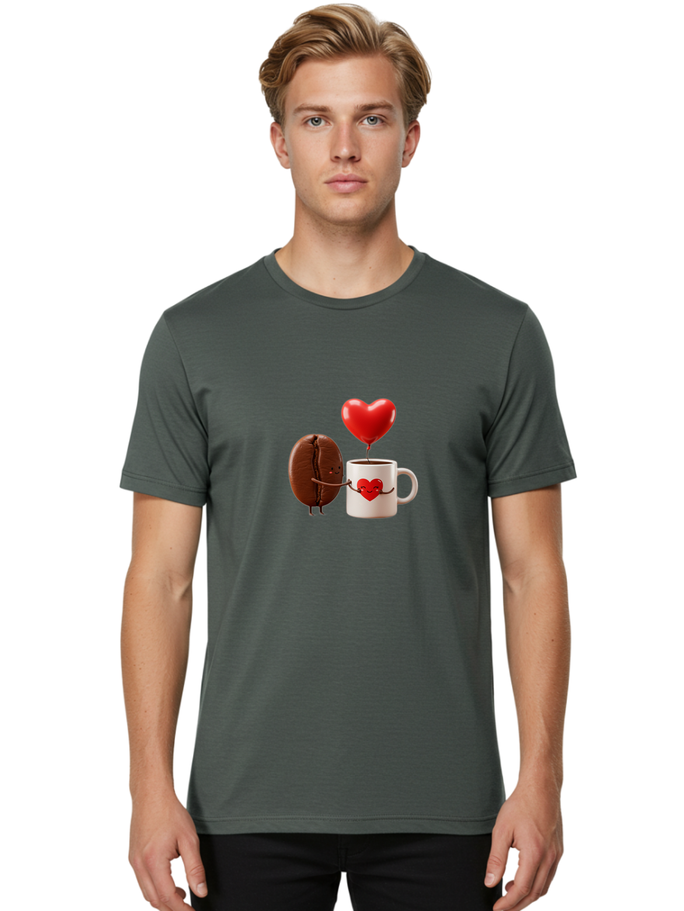 Coffee-Bean-And-Heart Men'S Graphic Tee, 100% Cotton, Comfortable Casual Summer Wear, Machine Washable, Cartoon Coffee Bean, Smiling Coffee Mug, Red Heart Balloon, Love Coffee, Adorable Characters, Coffee Lovers, Cute Illustration, Bab771 27