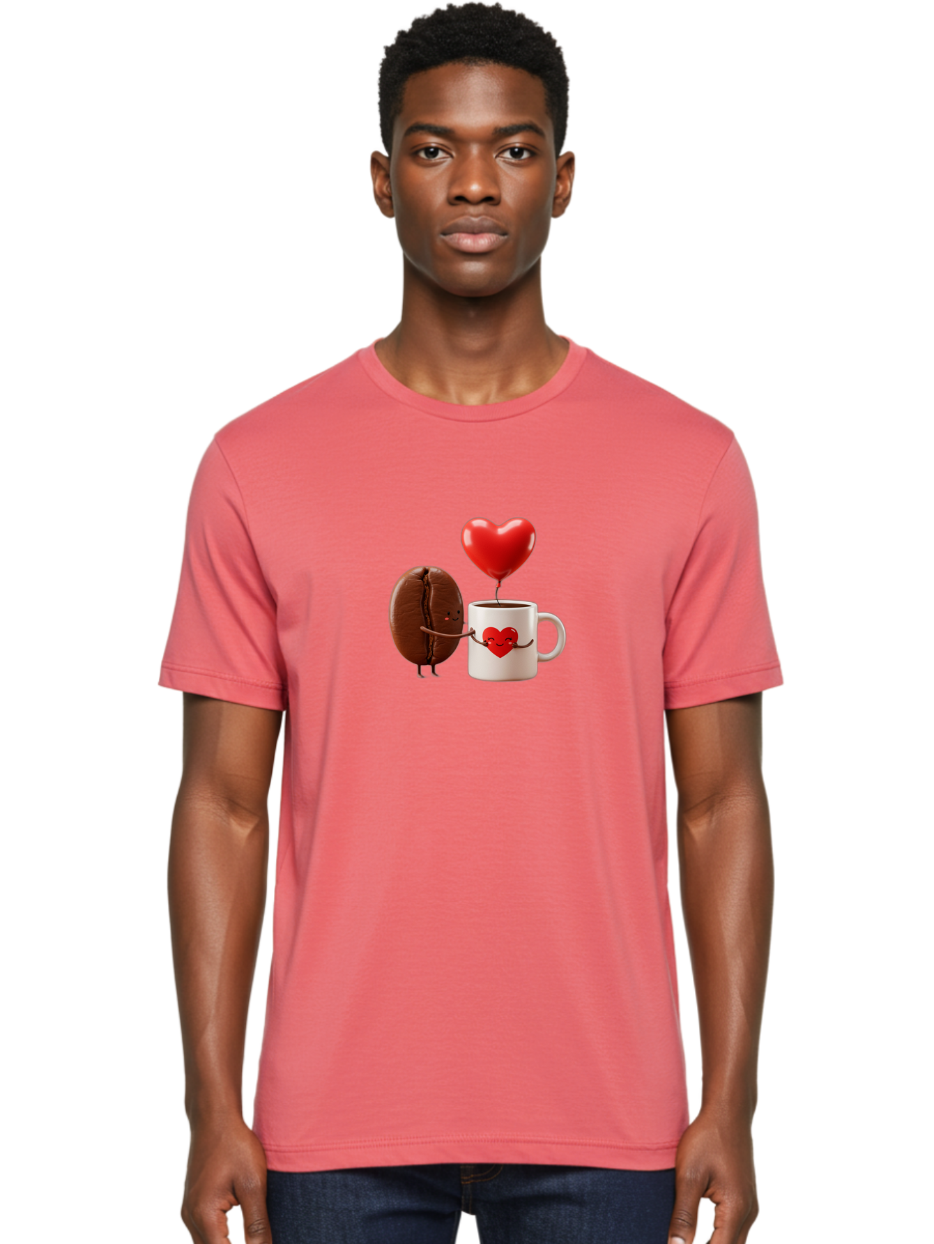 Coffee-Bean-And-Heart Men'S Graphic Tee, 100% Cotton, Comfortable Casual Summer Wear, Machine Washable, Cartoon Coffee Bean, Smiling Coffee Mug, Red Heart Balloon, Love Coffee, Adorable Characters, Coffee Lovers, Cute Illustration, Bab771 22
