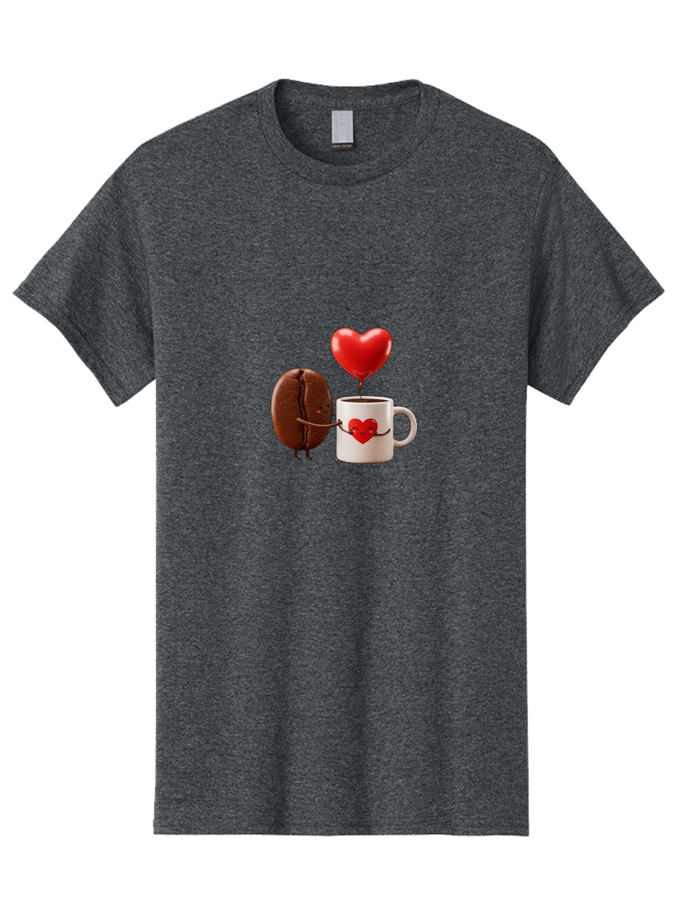 Coffee-Bean-And-Heart Men'S Graphic Tee, 100% Cotton, Comfortable Casual Summer Wear, Machine Washable, Cartoon Coffee Bean, Smiling Coffee Mug, Red Heart Balloon, Love Coffee, Adorable Characters, Coffee Lovers, Cute Illustration, Bab771