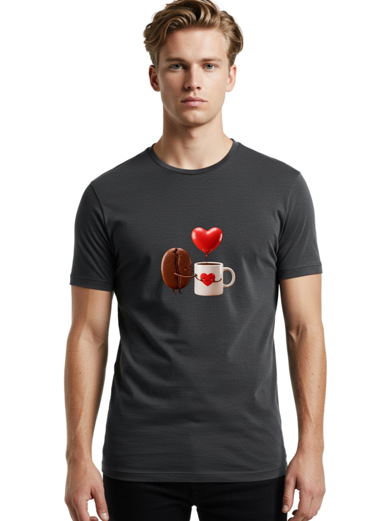 Coffee-Bean-And-Heart Men'S Graphic Tee, 100% Cotton, Comfortable Casual Summer Wear, Machine Washable, Cartoon Coffee Bean, Smiling Coffee Mug, Red Heart Balloon, Love Coffee, Adorable Characters, Coffee Lovers, Cute Illustration, Bab771 19