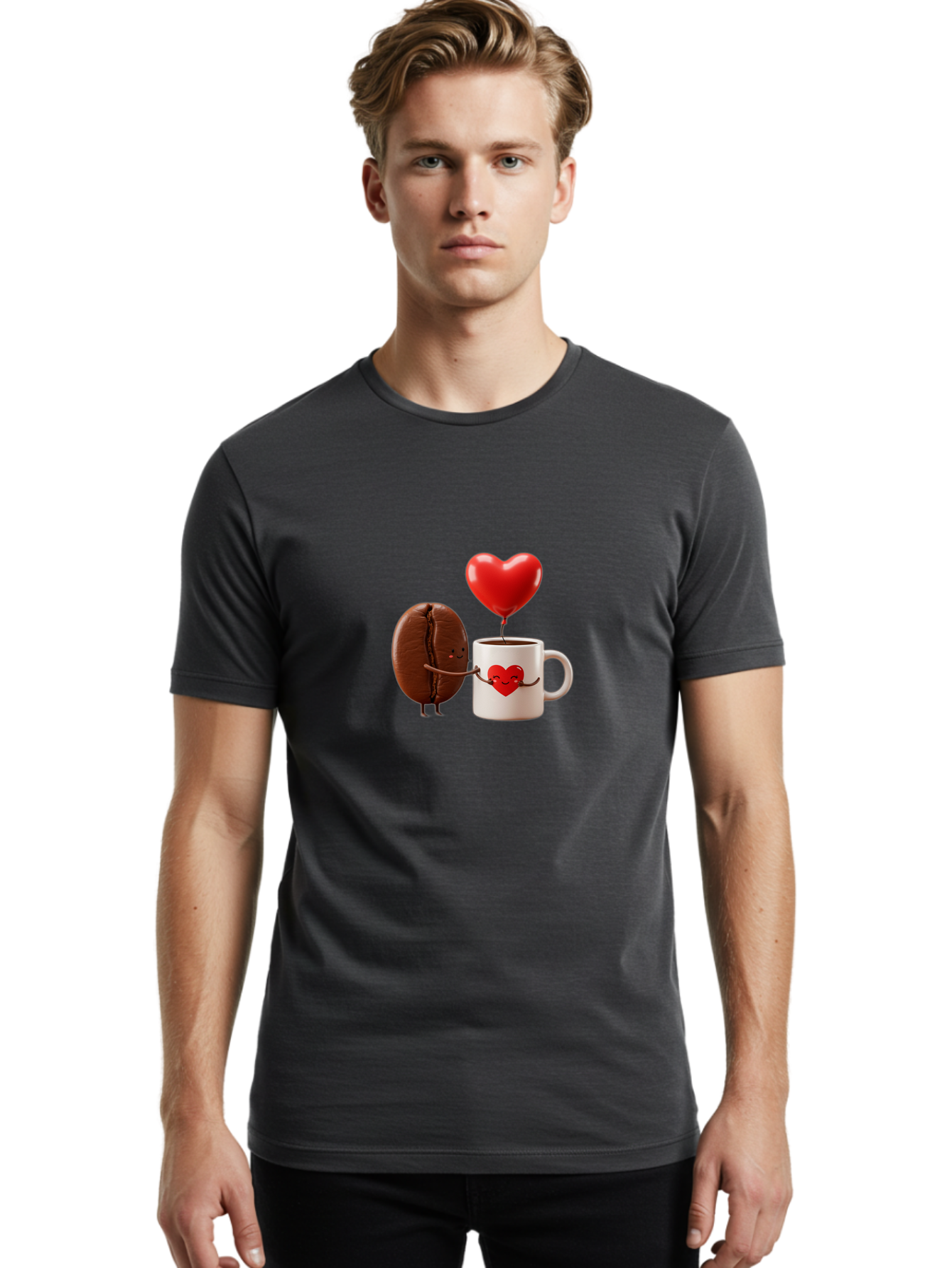 Coffee-Bean-And-Heart Men'S Graphic Tee, 100% Cotton, Comfortable Casual Summer Wear, Machine Washable, Cartoon Coffee Bean, Smiling Coffee Mug, Red Heart Balloon, Love Coffee, Adorable Characters, Coffee Lovers, Cute Illustration, Bab771 26
