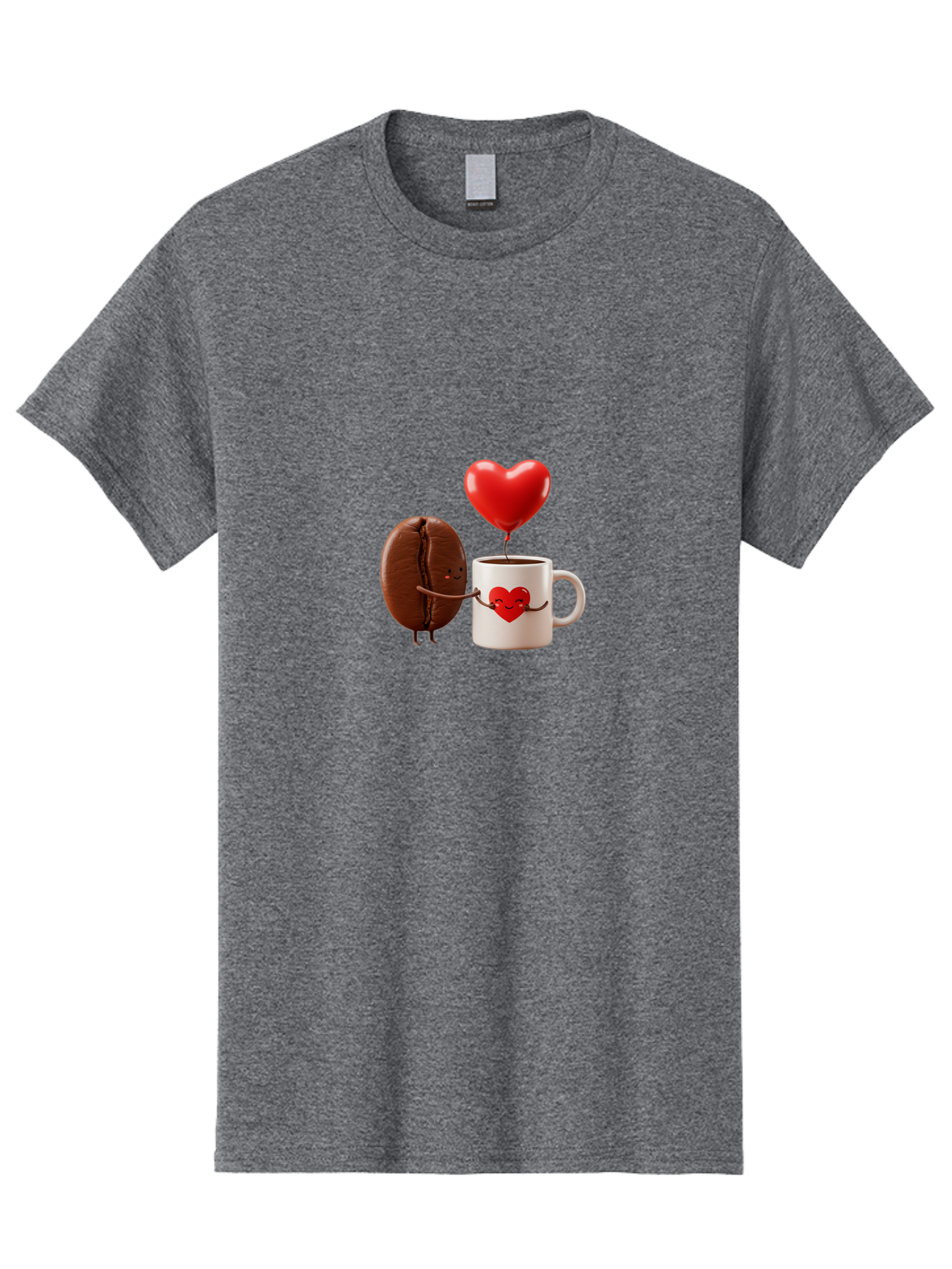 Coffee-Bean-And-Heart Men'S Graphic Tee, 100% Cotton, Comfortable Casual Summer Wear, Machine Washable, Cartoon Coffee Bean, Smiling Coffee Mug, Red Heart Balloon, Love Coffee, Adorable Characters, Coffee Lovers, Cute Illustration, Bab771 5
