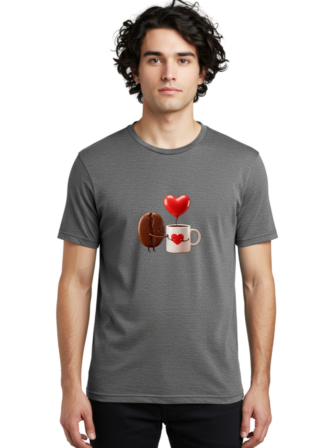 Coffee-Bean-And-Heart Men'S Graphic Tee, 100% Cotton, Comfortable Casual Summer Wear, Machine Washable, Cartoon Coffee Bean, Smiling Coffee Mug, Red Heart Balloon, Love Coffee, Adorable Characters, Coffee Lovers, Cute Illustration, Bab771 26