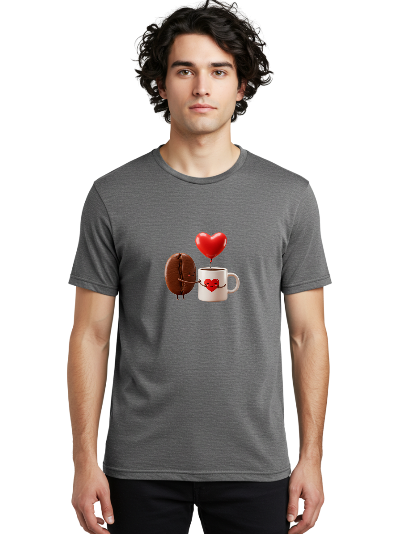 Coffee-Bean-And-Heart Men'S Graphic Tee, 100% Cotton, Comfortable Casual Summer Wear, Machine Washable, Cartoon Coffee Bean, Smiling Coffee Mug, Red Heart Balloon, Love Coffee, Adorable Characters, Coffee Lovers, Cute Illustration, Bab771 20