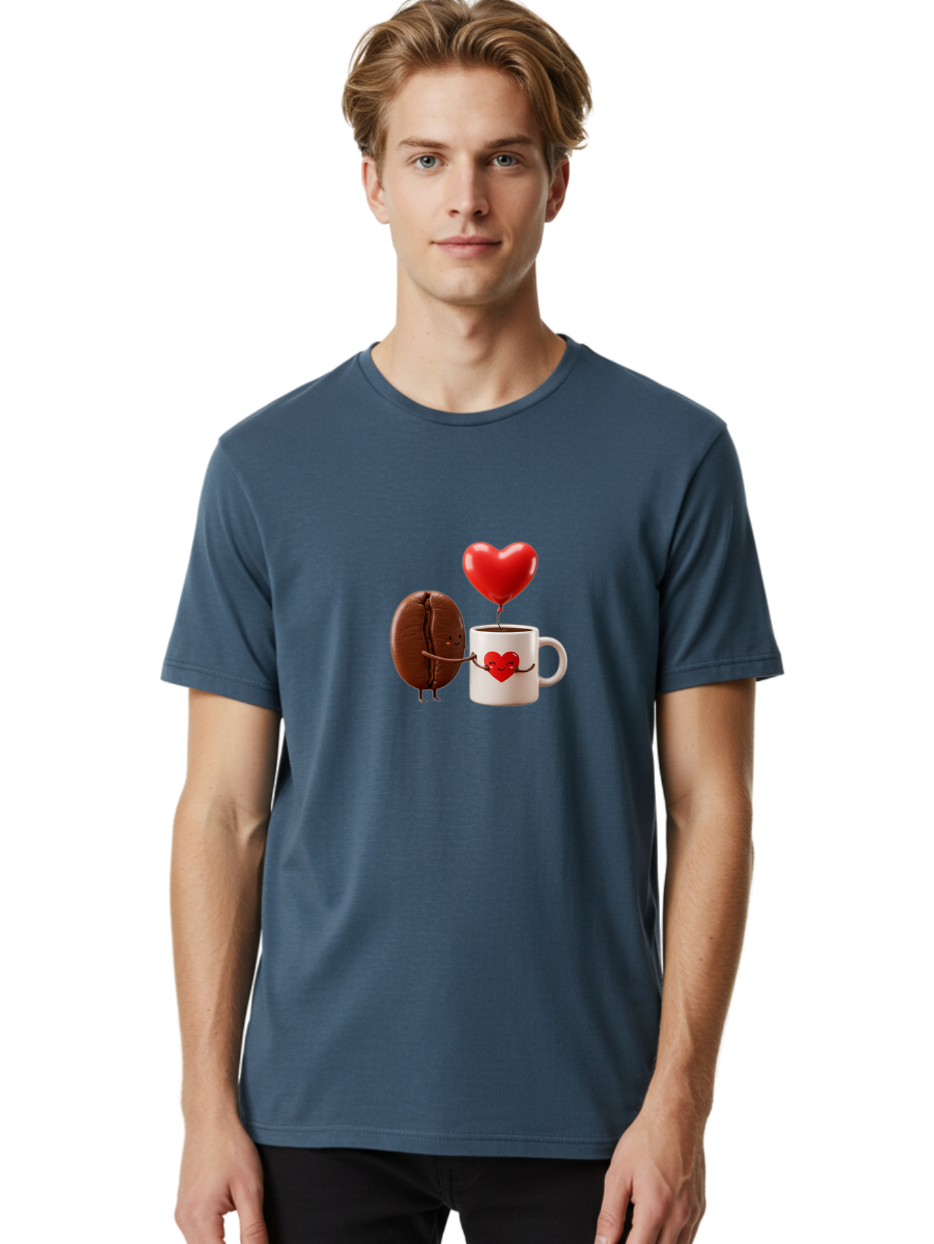 Coffee-Bean-And-Heart Men'S Graphic Tee, 100% Cotton, Comfortable Casual Summer Wear, Machine Washable, Cartoon Coffee Bean, Smiling Coffee Mug, Red Heart Balloon, Love Coffee, Adorable Characters, Coffee Lovers, Cute Illustration, Bab771 19