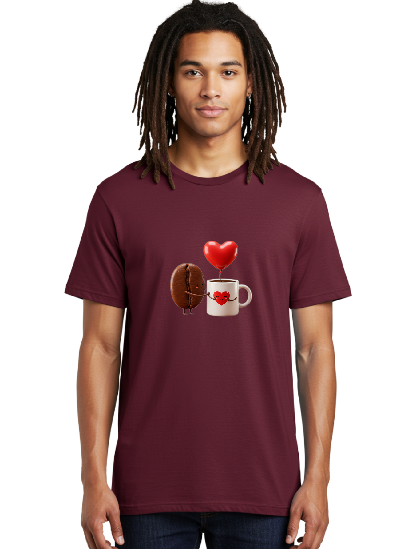 Coffee-Bean-And-Heart Men'S Graphic Tee, 100% Cotton, Comfortable Casual Summer Wear, Machine Washable, Cartoon Coffee Bean, Smiling Coffee Mug, Red Heart Balloon, Love Coffee, Adorable Characters, Coffee Lovers, Cute Illustration, Bab771 17
