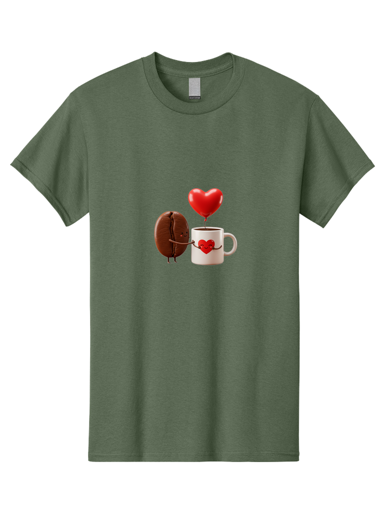 Coffee-Bean-And-Heart Men'S Graphic Tee, 100% Cotton, Comfortable Casual Summer Wear, Machine Washable, Cartoon Coffee Bean, Smiling Coffee Mug, Red Heart Balloon, Love Coffee, Adorable Characters, Coffee Lovers, Cute Illustration, Bab771