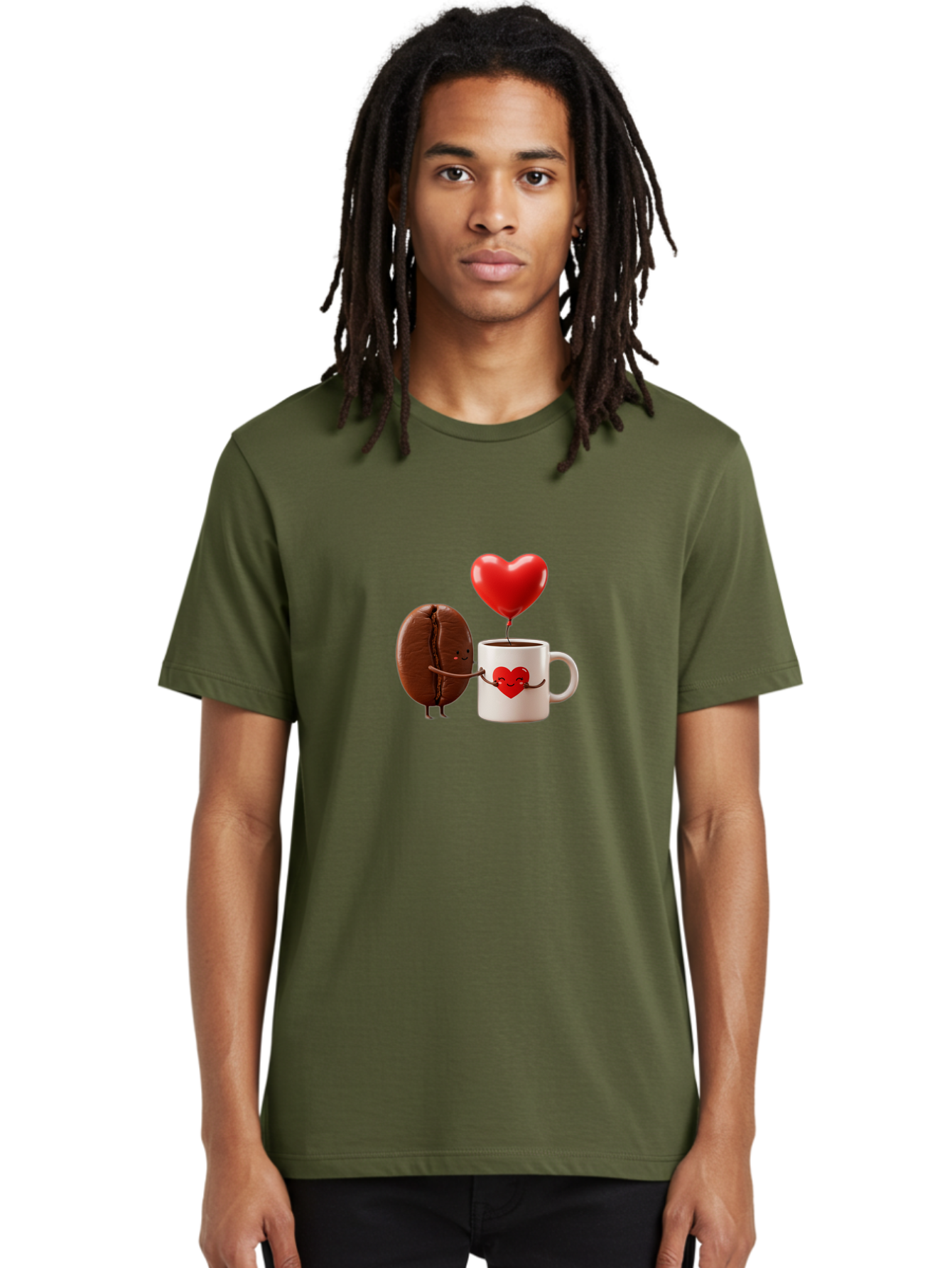 Coffee-Bean-And-Heart Men'S Graphic Tee, 100% Cotton, Comfortable Casual Summer Wear, Machine Washable, Cartoon Coffee Bean, Smiling Coffee Mug, Red Heart Balloon, Love Coffee, Adorable Characters, Coffee Lovers, Cute Illustration, Bab771 16