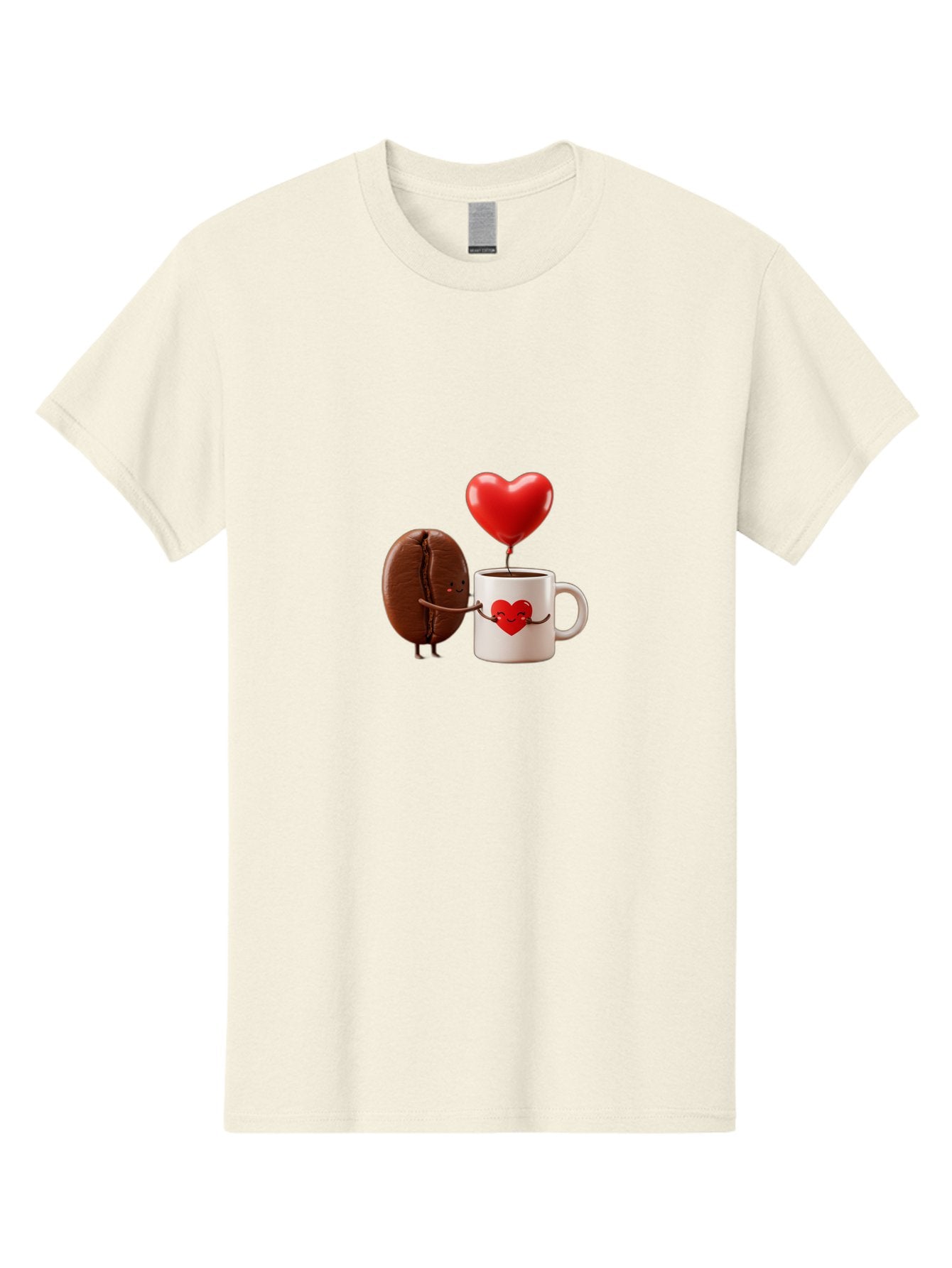 Coffee-Bean-And-Heart Men'S Graphic Tee, 100% Cotton, Comfortable Casual Summer Wear, Machine Washable, Cartoon Coffee Bean, Smiling Coffee Mug, Red Heart Balloon, Love Coffee, Adorable Characters, Coffee Lovers, Cute Illustration, Bab771 5