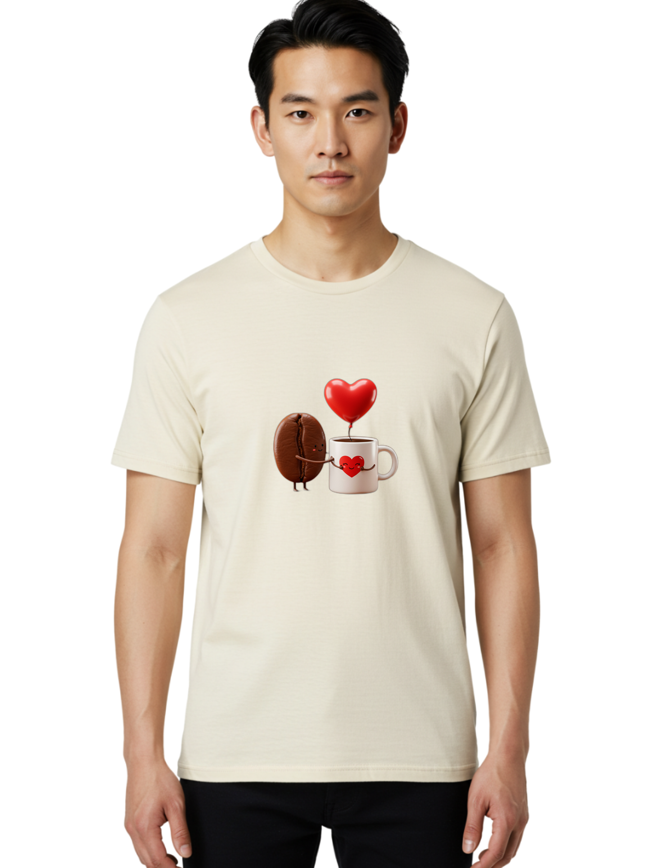 Coffee-Bean-And-Heart Men'S Graphic Tee, 100% Cotton, Comfortable Casual Summer Wear, Machine Washable, Cartoon Coffee Bean, Smiling Coffee Mug, Red Heart Balloon, Love Coffee, Adorable Characters, Coffee Lovers, Cute Illustration, Bab771 23