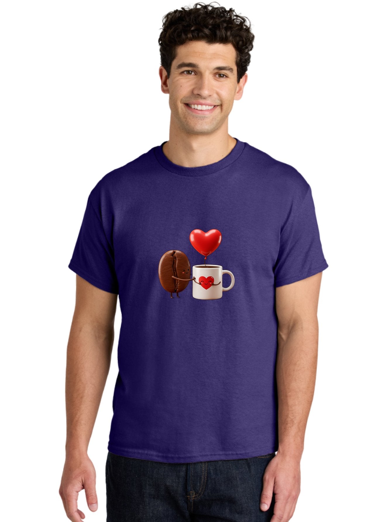 Coffee-Bean-And-Heart Men'S Graphic Tee, 100% Cotton, Comfortable Casual Summer Wear, Machine Washable, Cartoon Coffee Bean, Smiling Coffee Mug, Red Heart Balloon, Love Coffee, Adorable Characters, Coffee Lovers, Cute Illustration, Bab771 22