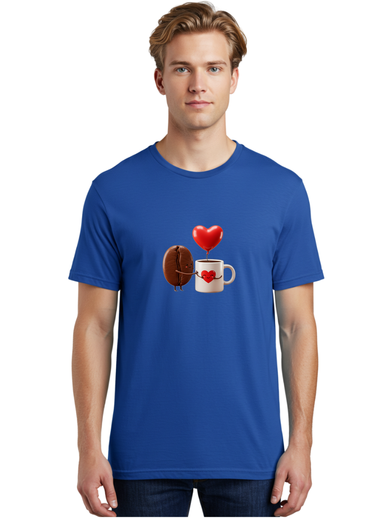 Coffee-Bean-And-Heart Men'S Graphic Tee, 100% Cotton, Comfortable Casual Summer Wear, Machine Washable, Cartoon Coffee Bean, Smiling Coffee Mug, Red Heart Balloon, Love Coffee, Adorable Characters, Coffee Lovers, Cute Illustration, Bab771 30