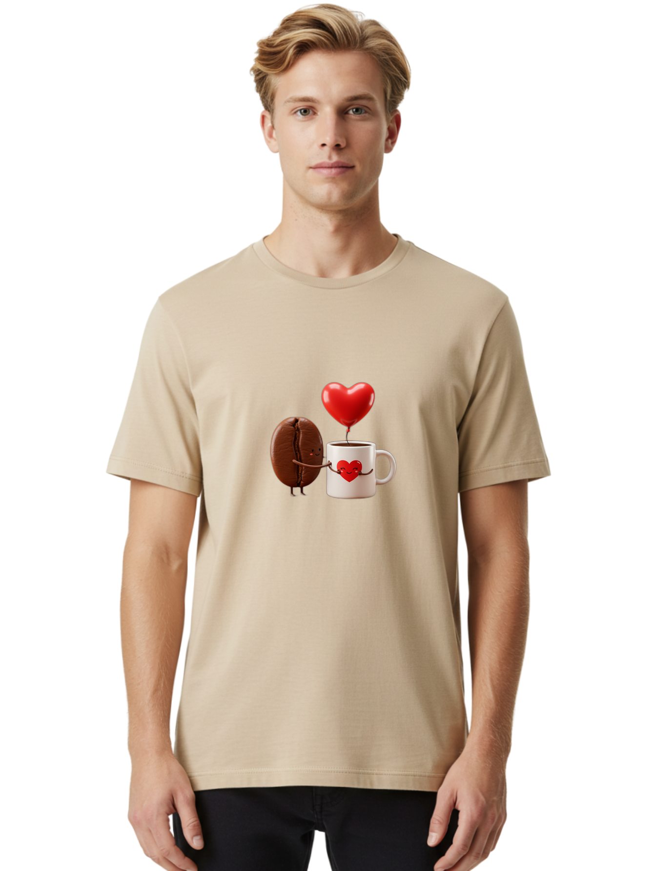Coffee-Bean-And-Heart Men'S Graphic Tee, 100% Cotton, Comfortable Casual Summer Wear, Machine Washable, Cartoon Coffee Bean, Smiling Coffee Mug, Red Heart Balloon, Love Coffee, Adorable Characters, Coffee Lovers, Cute Illustration, Bab771 21