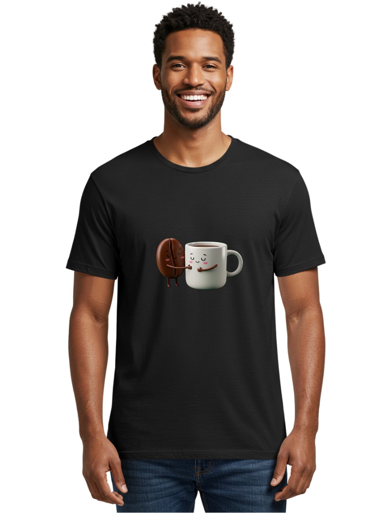 Coffee-Bean-And-Mug Men'S Graphic Tee, 100% Cotton, Comfortable Casual Summer Wear, Machine Washable, Cartoon Coffee Bean, Coffee Mug, Winking Faces, Playful Interaction, Coffee Culture, Happy Coffee, Morning Coffee, Coffee Lovers, Bab772 24