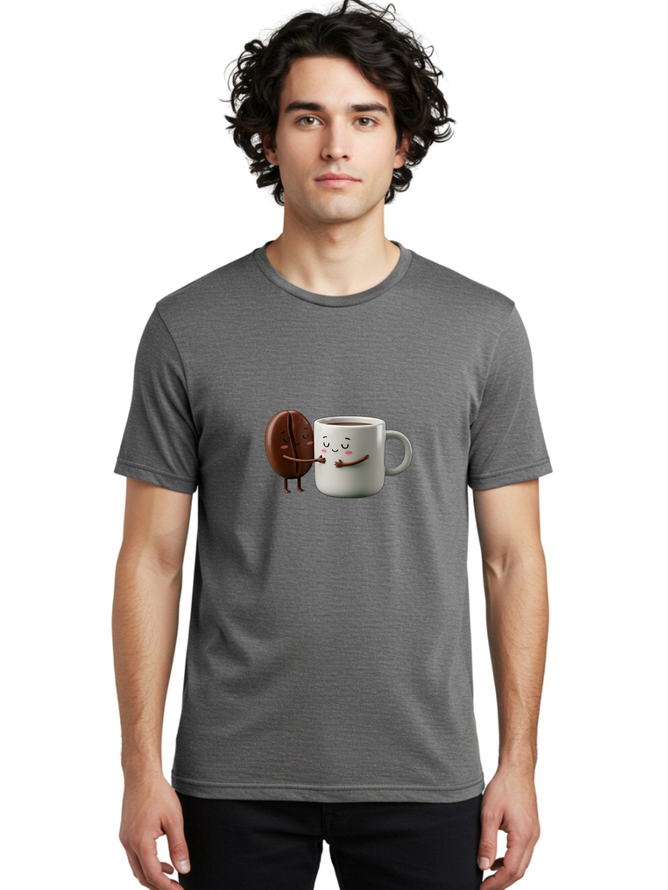 Coffee-Bean-And-Mug Men'S Graphic Tee, 100% Cotton, Comfortable Casual Summer Wear, Machine Washable, Cartoon Coffee Bean, Coffee Mug, Winking Faces, Playful Interaction, Coffee Culture, Happy Coffee, Morning Coffee, Coffee Lovers, Bab772 30