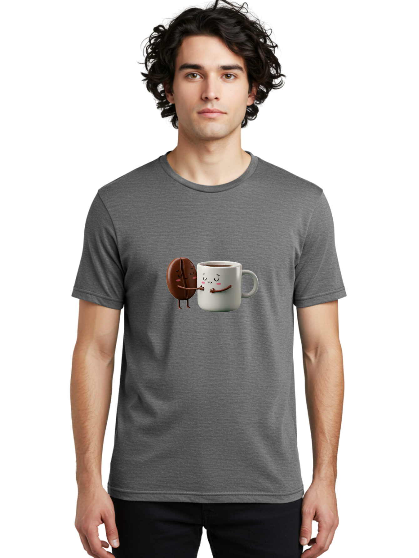 Coffee-Bean-And-Mug Men'S Graphic Tee, 100% Cotton, Comfortable Casual Summer Wear, Machine Washable, Cartoon Coffee Bean, Coffee Mug, Winking Faces, Playful Interaction, Coffee Culture, Happy Coffee, Morning Coffee, Coffee Lovers, Bab772 16