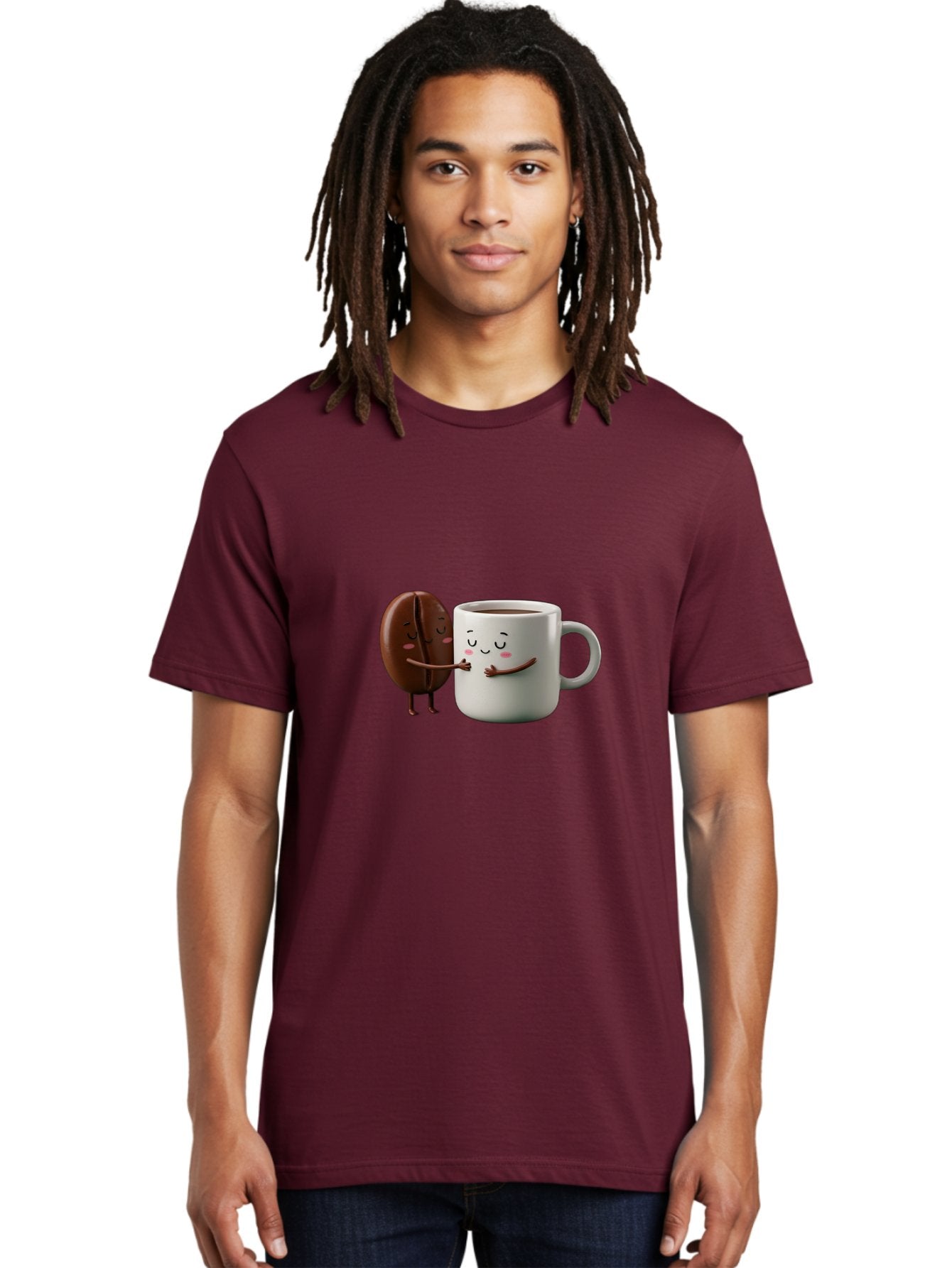 Coffee-Bean-And-Mug Men'S Graphic Tee, 100% Cotton, Comfortable Casual Summer Wear, Machine Washable, Cartoon Coffee Bean, Coffee Mug, Winking Faces, Playful Interaction, Coffee Culture, Happy Coffee, Morning Coffee, Coffee Lovers, Bab772 23