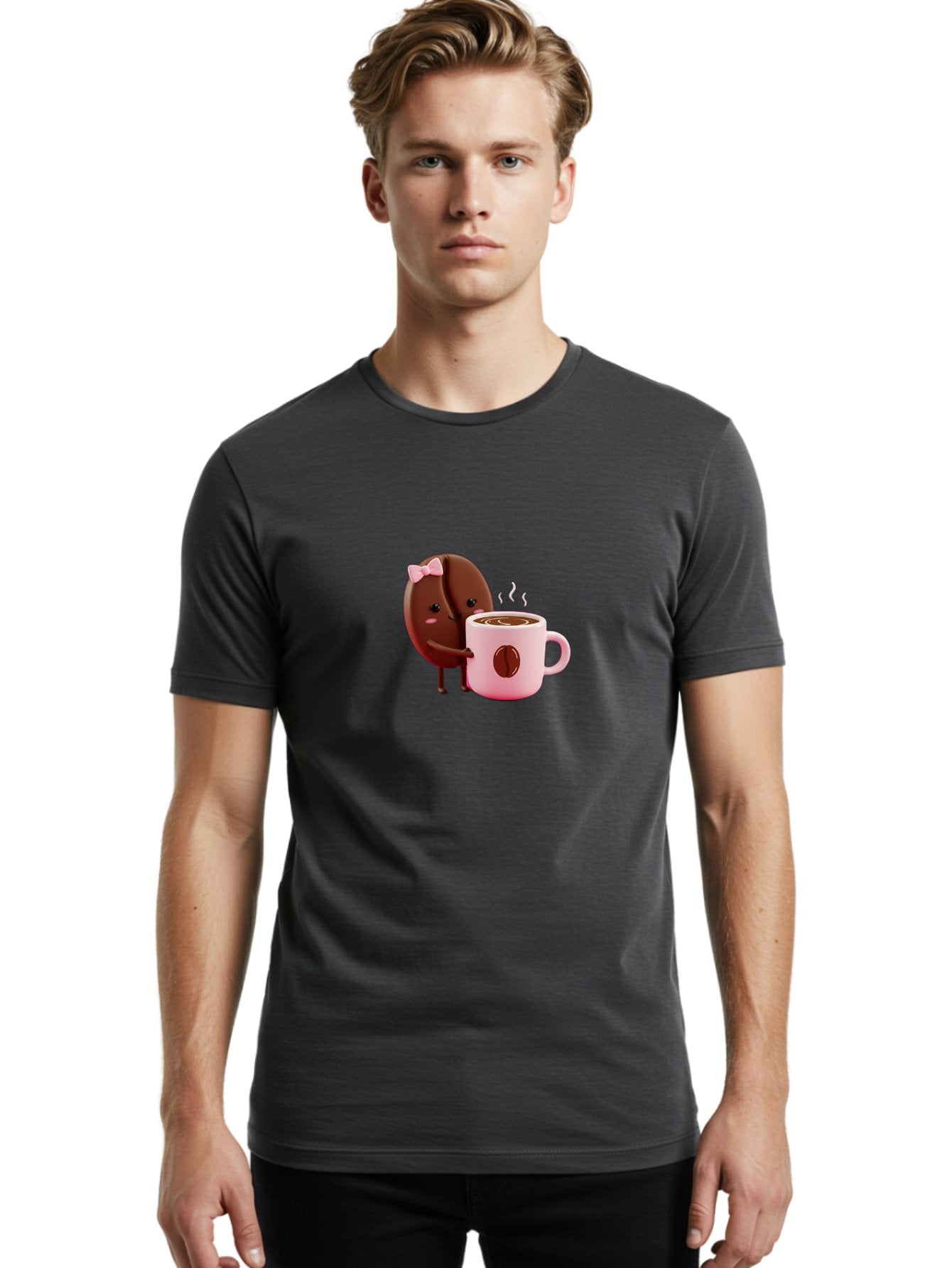 Coffee-Bean-Character-3 Men'S Graphic Tee, 100% Cotton, Comfortable Casual Summer Wear, Machine Washable, Cartoon Coffee Bean, Pink Bow, Coffee Mug, Hot Coffee, Adorable Character, Steaming Coffee, Coffee Lover, Cute Illustration, Bab775 30