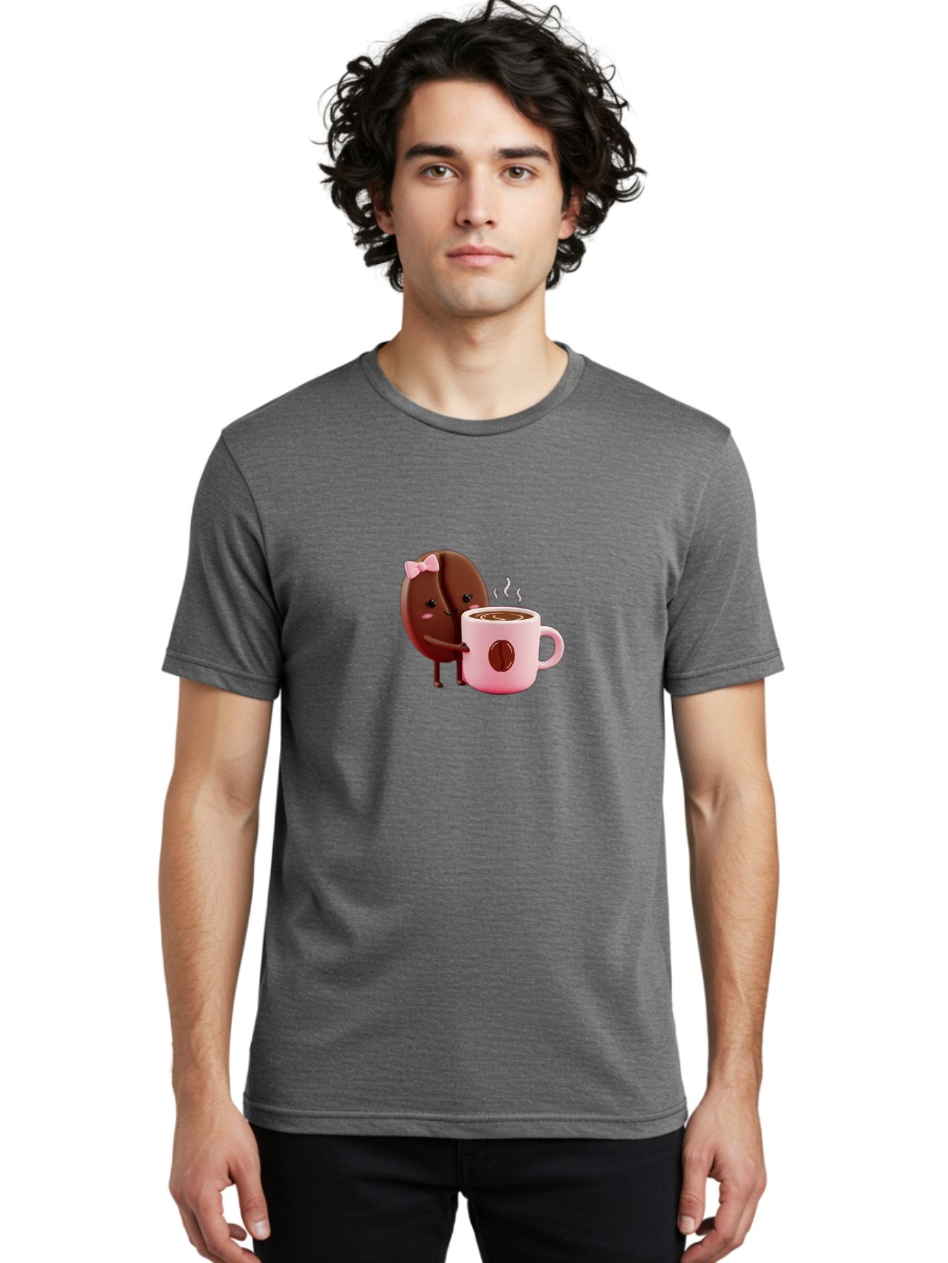 Coffee-Bean-Character-3 Men'S Graphic Tee, 100% Cotton, Comfortable Casual Summer Wear, Machine Washable, Cartoon Coffee Bean, Pink Bow, Coffee Mug, Hot Coffee, Adorable Character, Steaming Coffee, Coffee Lover, Cute Illustration, Bab775 16