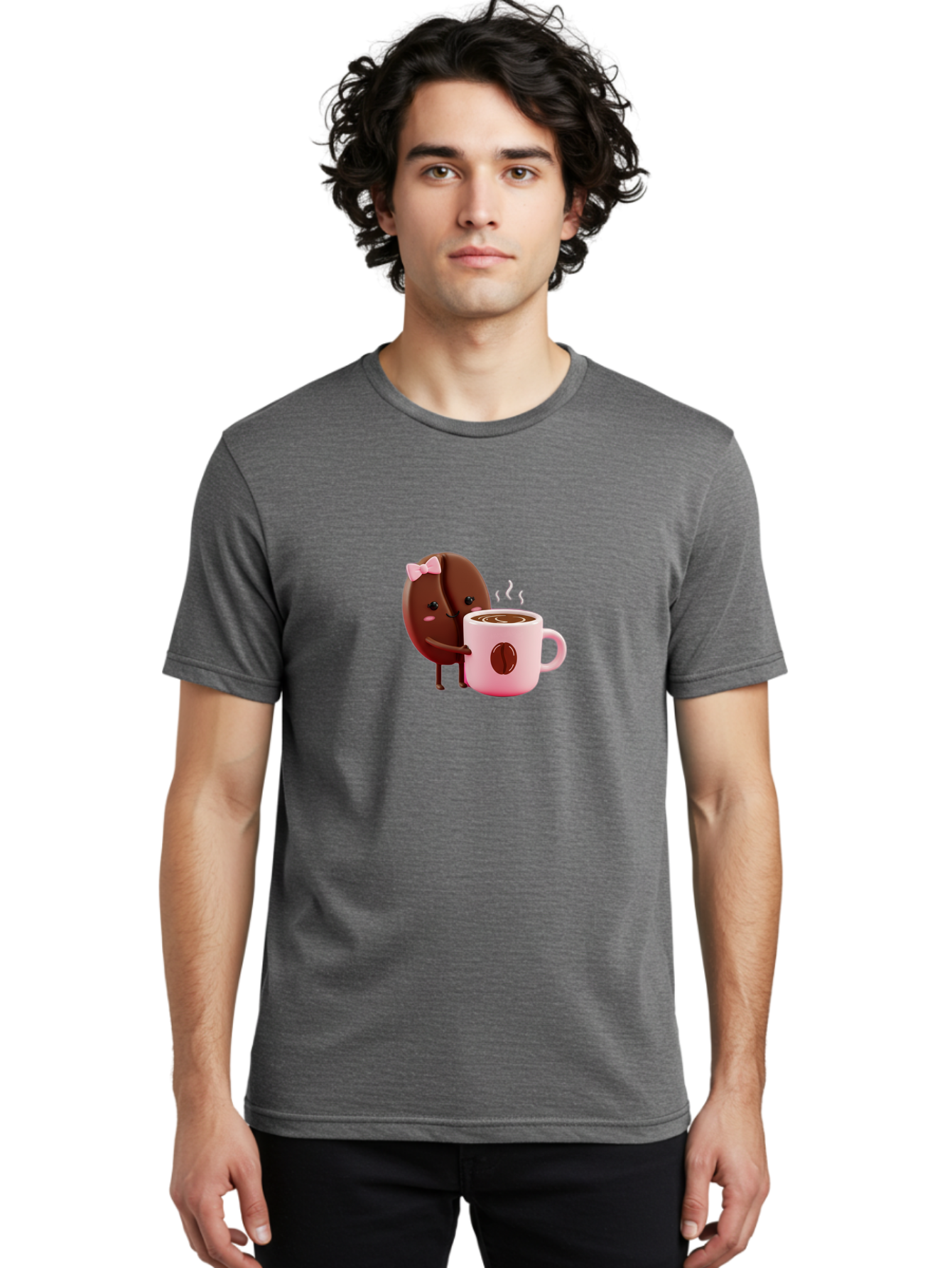 Coffee-Bean-Character-3 Men'S Graphic Tee, 100% Cotton, Comfortable Casual Summer Wear, Machine Washable, Cartoon Coffee Bean, Pink Bow, Coffee Mug, Hot Coffee, Adorable Character, Steaming Coffee, Coffee Lover, Cute Illustration, Bab775 28