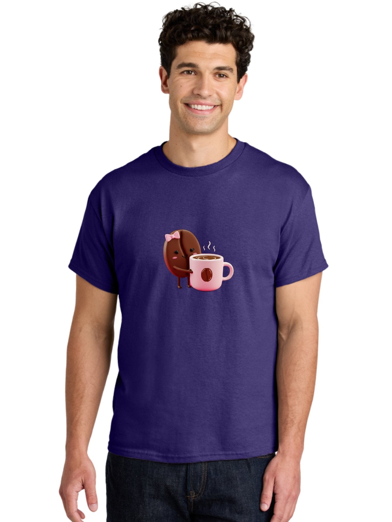 Coffee-Bean-Character-3 Men'S Graphic Tee, 100% Cotton, Comfortable Casual Summer Wear, Machine Washable, Cartoon Coffee Bean, Pink Bow, Coffee Mug, Hot Coffee, Adorable Character, Steaming Coffee, Coffee Lover, Cute Illustration, Bab775 23