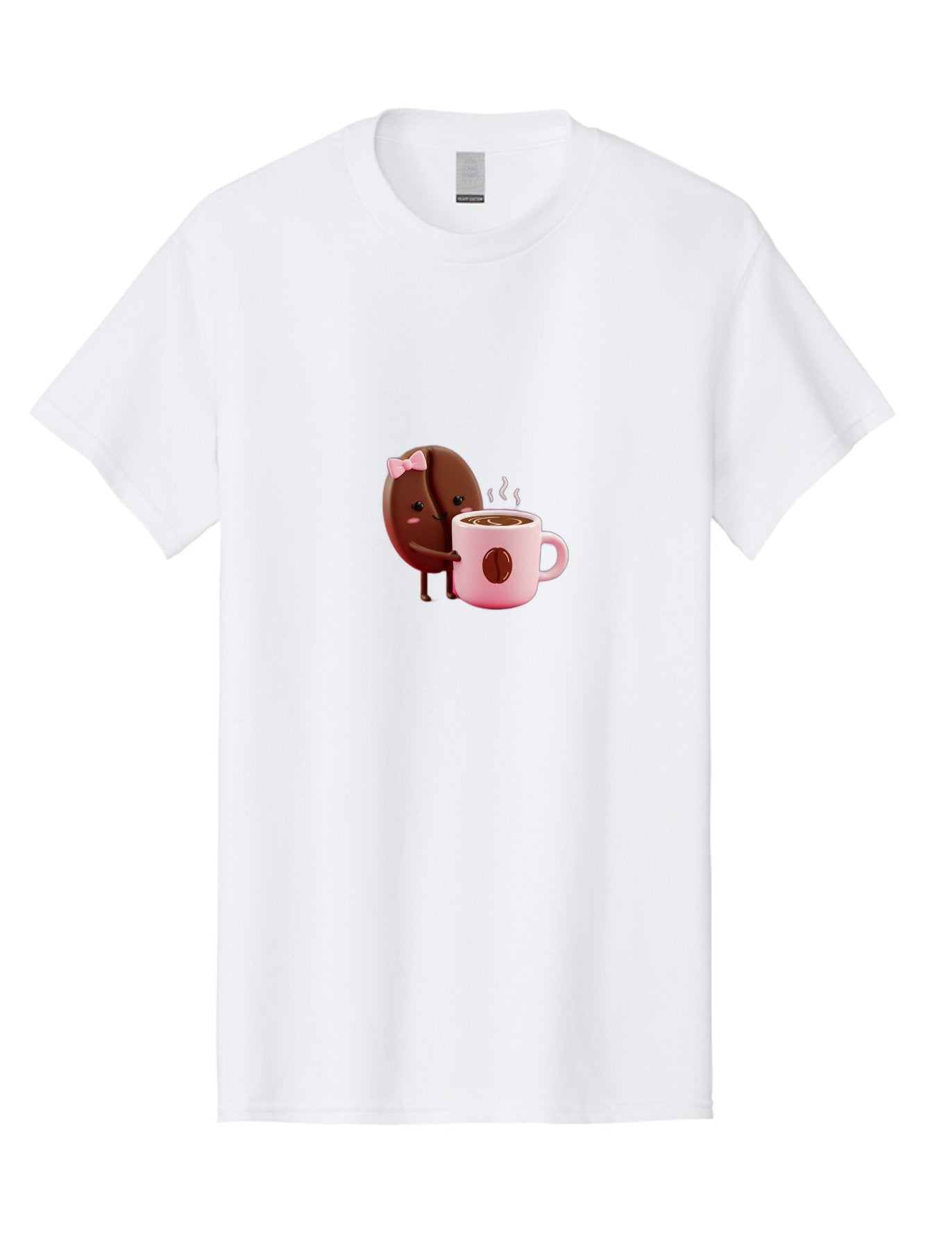 Coffee-Bean-Character-3 Men'S Graphic Tee, 100% Cotton, Comfortable Casual Summer Wear, Machine Washable, Cartoon Coffee Bean, Pink Bow, Coffee Mug, Hot Coffee, Adorable Character, Steaming Coffee, Coffee Lover, Cute Illustration, Bab775