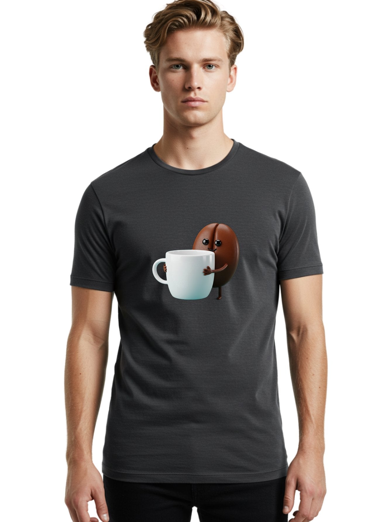 Coffee-Bean-Character Men'S Graphic Tee, 100% Cotton, Comfortable Casual Summer Wear, Machine Washable, Cartoon Coffee Bean, Holding Coffee Mug, Happy Face, Cute Character, Coffee Lover, Morning Pick-Me-Up, Coffee Culture, Fun Design, Bab777 21