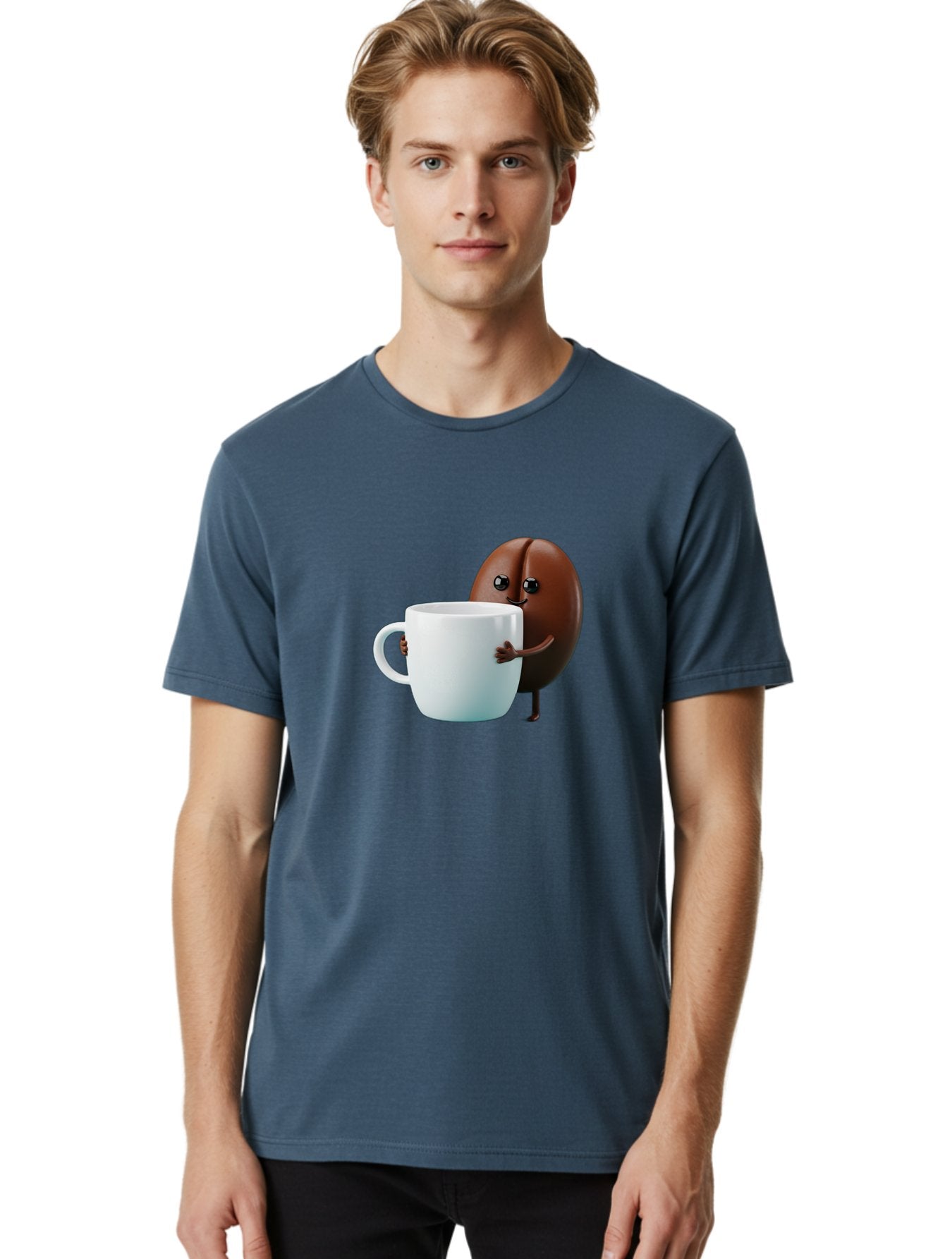 Coffee-Bean-Character Men'S Graphic Tee, 100% Cotton, Comfortable Casual Summer Wear, Machine Washable, Cartoon Coffee Bean, Holding Coffee Mug, Happy Face, Cute Character, Coffee Lover, Morning Pick-Me-Up, Coffee Culture, Fun Design, Bab777 16