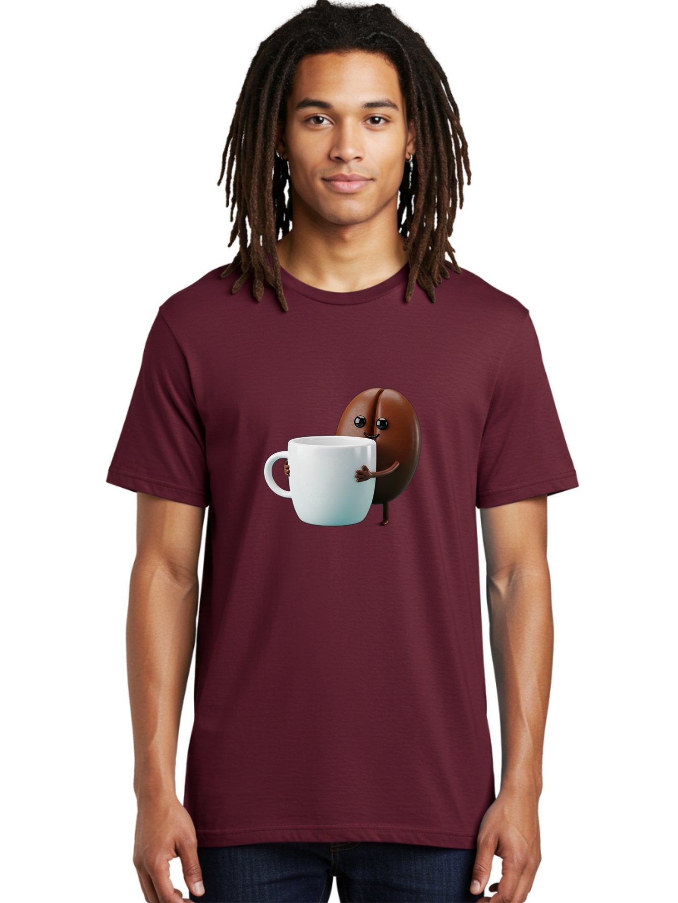 Coffee-Bean-Character Men'S Graphic Tee, 100% Cotton, Comfortable Casual Summer Wear, Machine Washable, Cartoon Coffee Bean, Holding Coffee Mug, Happy Face, Cute Character, Coffee Lover, Morning Pick-Me-Up, Coffee Culture, Fun Design, Bab777 27