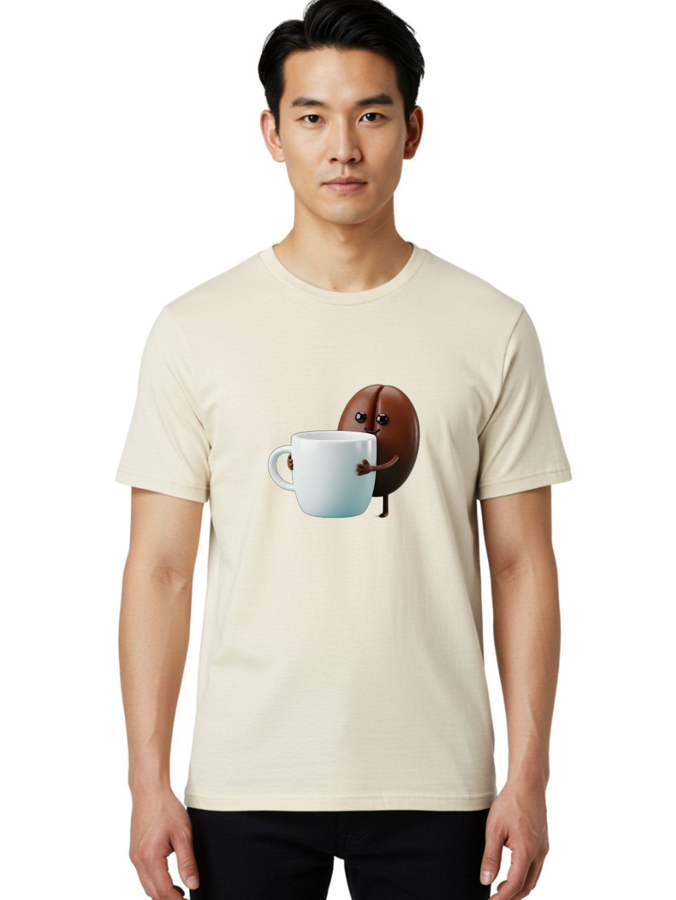Coffee-Bean-Character Men'S Graphic Tee, 100% Cotton, Comfortable Casual Summer Wear, Machine Washable, Cartoon Coffee Bean, Holding Coffee Mug, Happy Face, Cute Character, Coffee Lover, Morning Pick-Me-Up, Coffee Culture, Fun Design, Bab777 18
