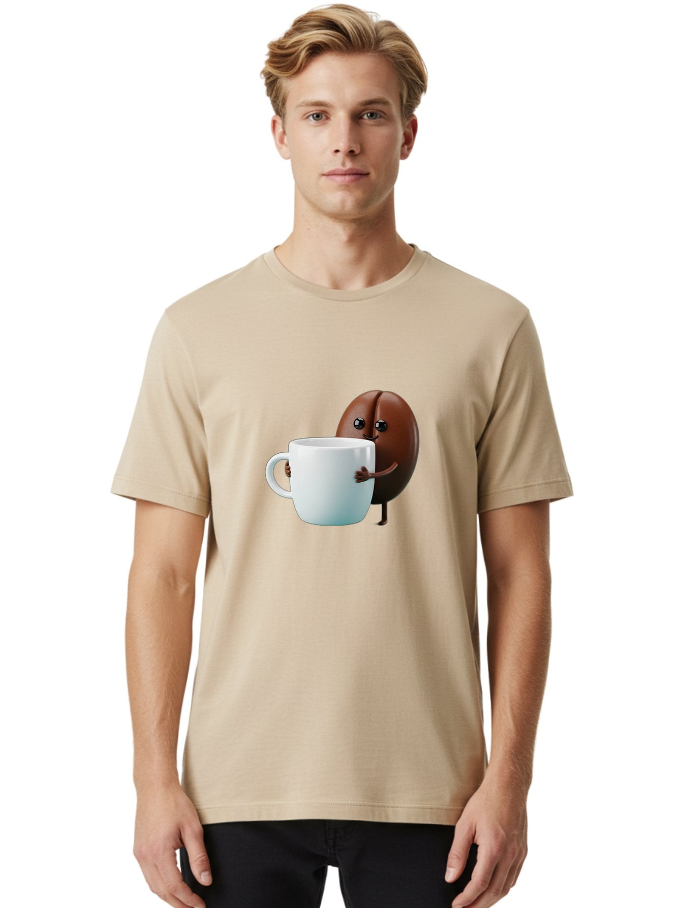 Coffee-Bean-Character Men'S Graphic Tee, 100% Cotton, Comfortable Casual Summer Wear, Machine Washable, Cartoon Coffee Bean, Holding Coffee Mug, Happy Face, Cute Character, Coffee Lover, Morning Pick-Me-Up, Coffee Culture, Fun Design, Bab777 29