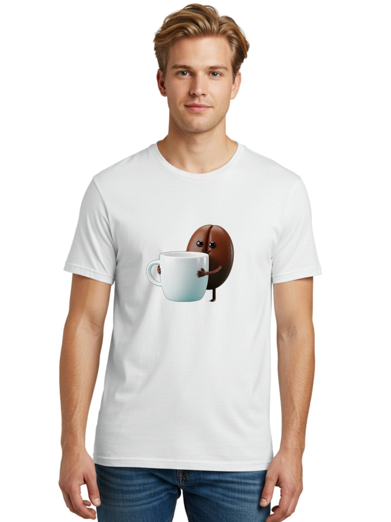 Coffee-Bean-Character Men'S Graphic Tee, 100% Cotton, Comfortable Casual Summer Wear, Machine Washable, Cartoon Coffee Bean, Holding Coffee Mug, Happy Face, Cute Character, Coffee Lover, Morning Pick-Me-Up, Coffee Culture, Fun Design, Bab777 23