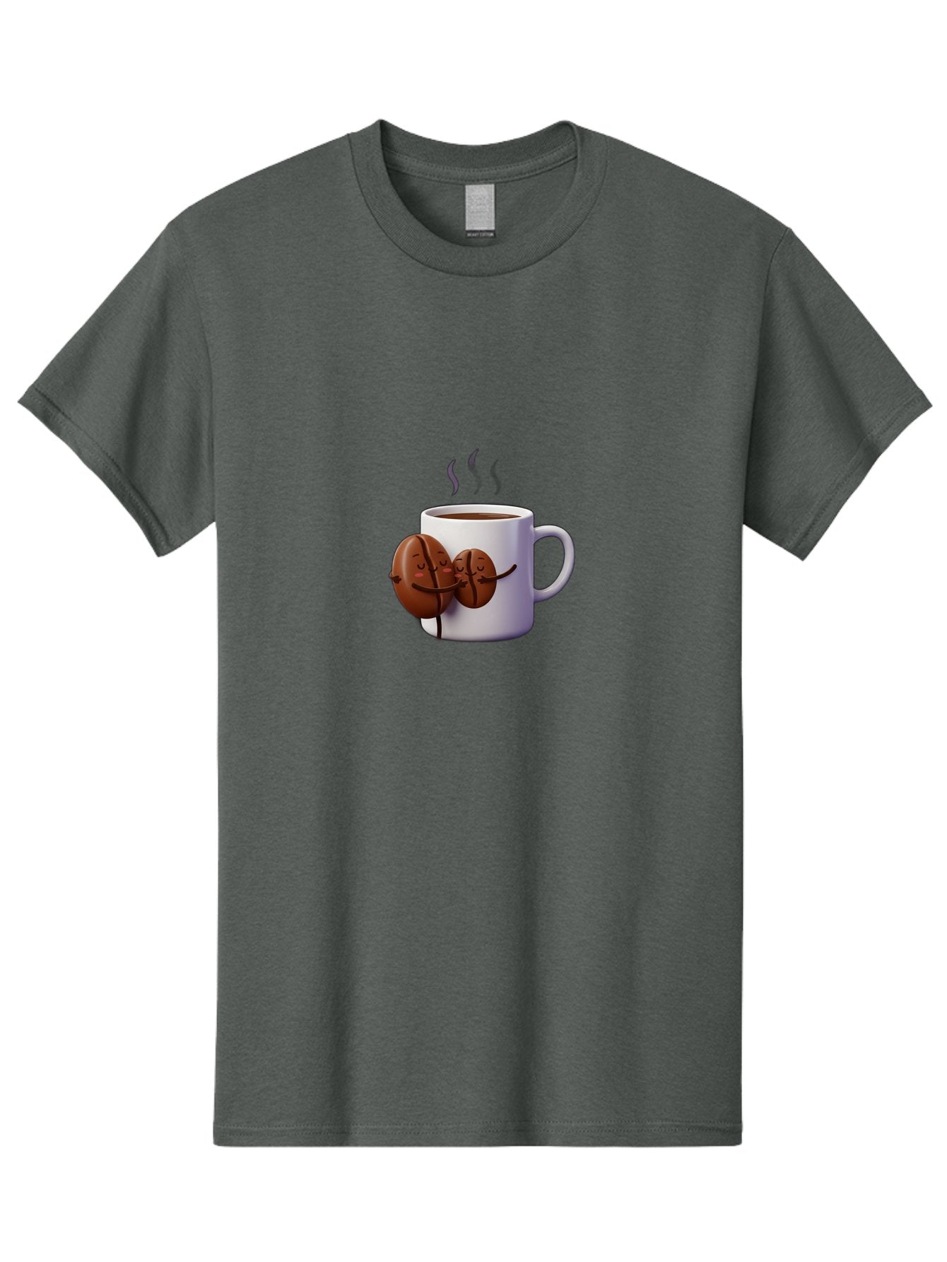Coffee-Beans-Hugging-Coffee-Mug Men'S Graphic Tee, 100% Cotton, Comfortable Casual Summer Wear, Machine Washable, Cartoon Coffee Beans, Steaming Hot Coffee, Coffee Cups, Morning Coffee, Coffee Lovers, Coffee Break Bab782 5
