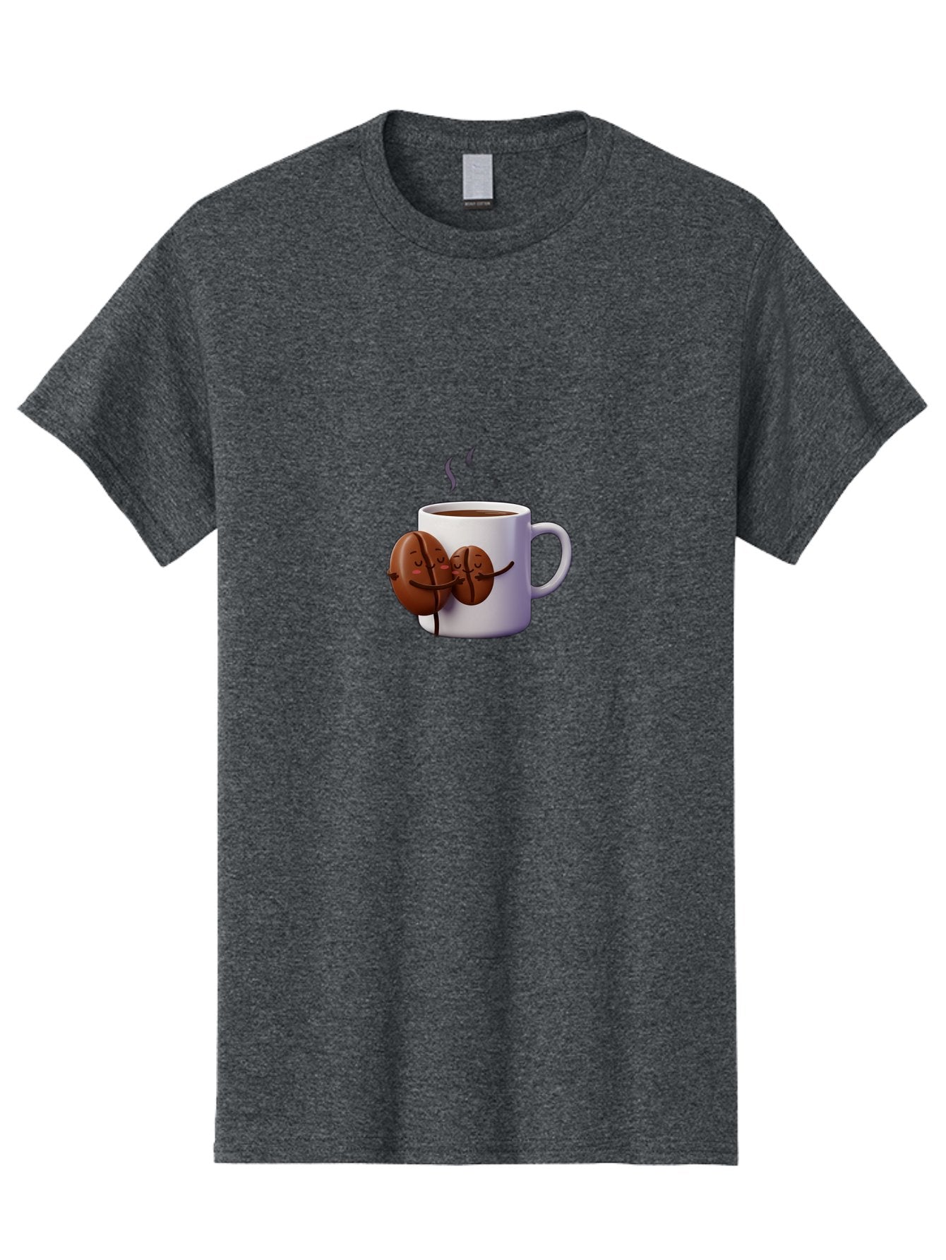 Coffee-Beans-Hugging-Coffee-Mug Men'S Graphic Tee, 100% Cotton, Comfortable Casual Summer Wear, Machine Washable, Cartoon Coffee Beans, Steaming Hot Coffee, Coffee Cups, Morning Coffee, Coffee Lovers, Coffee Break Bab782