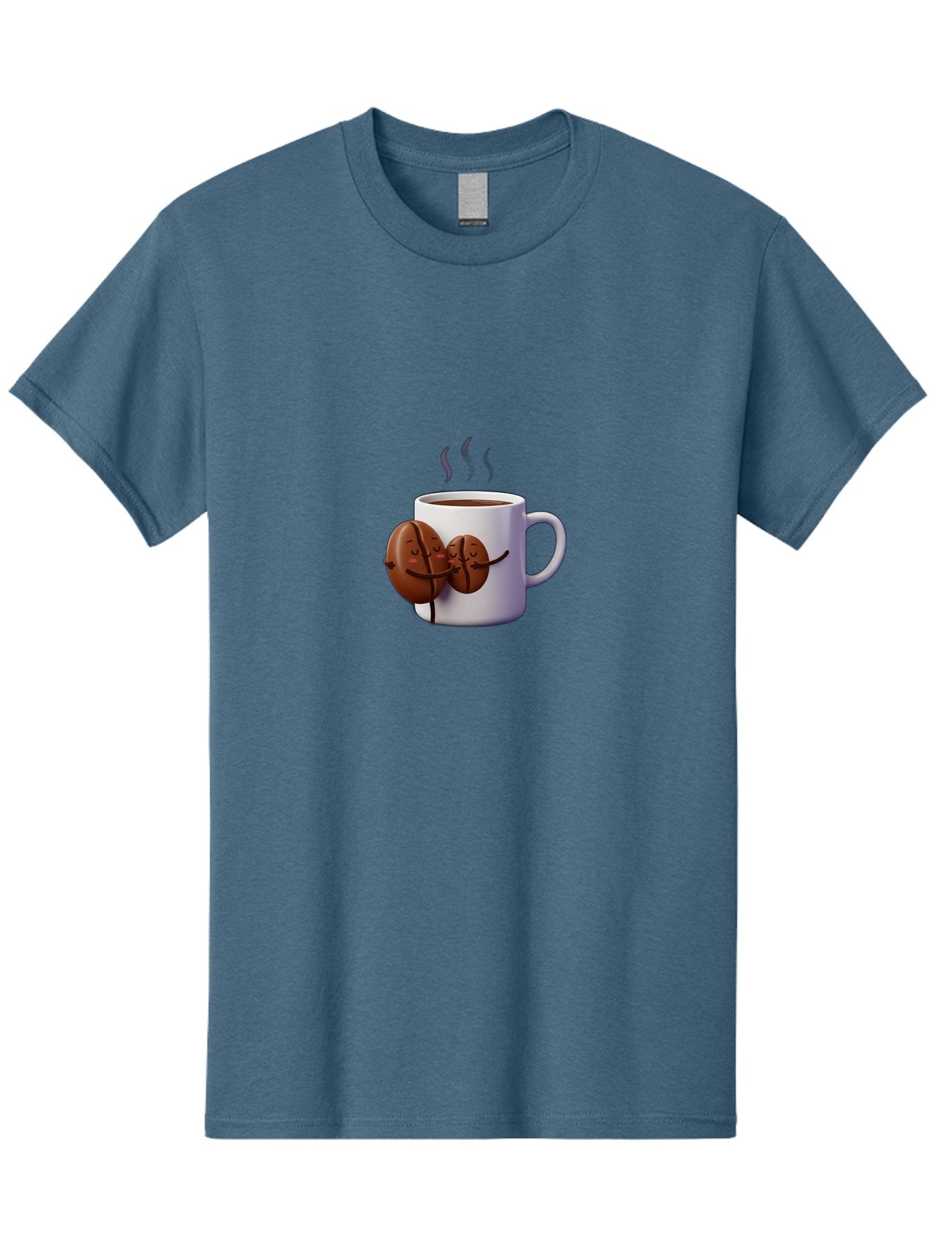 Coffee-Beans-Hugging-Coffee-Mug Men'S Graphic Tee, 100% Cotton, Comfortable Casual Summer Wear, Machine Washable, Cartoon Coffee Beans, Steaming Hot Coffee, Coffee Cups, Morning Coffee, Coffee Lovers, Coffee Break Bab782