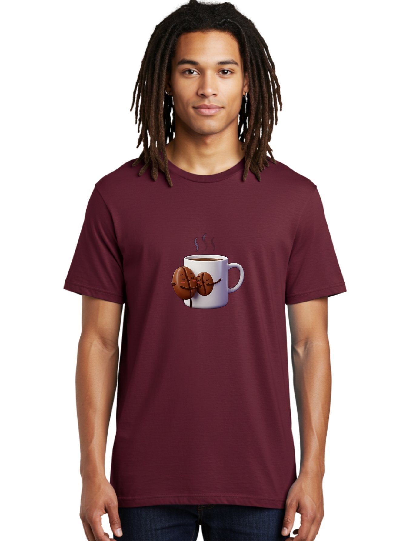 Coffee-Beans-Hugging-Coffee-Mug Men'S Graphic Tee, 100% Cotton, Comfortable Casual Summer Wear, Machine Washable, Cartoon Coffee Beans, Steaming Hot Coffee, Coffee Cups, Morning Coffee, Coffee Lovers, Coffee Break Bab782 18