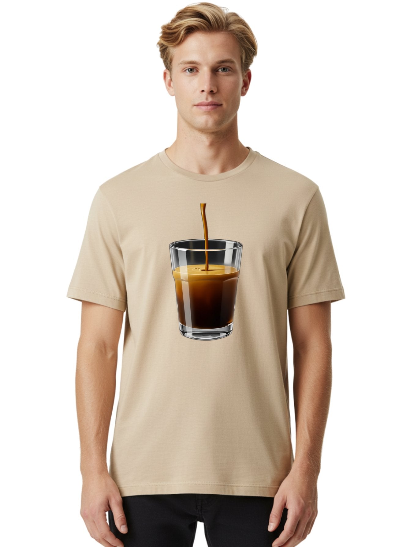 Coffee-Being-Poured-Into-A-Glass Men'S Graphic Tee, 100% Cotton, Comfortable Casual Summer Wear, Machine Washable, Coffee Being Poured, Espresso In Glass, Dark Brown Liquid, Coffee Drink, Beverage, Drinkware, Transparent Glass Bab783 23